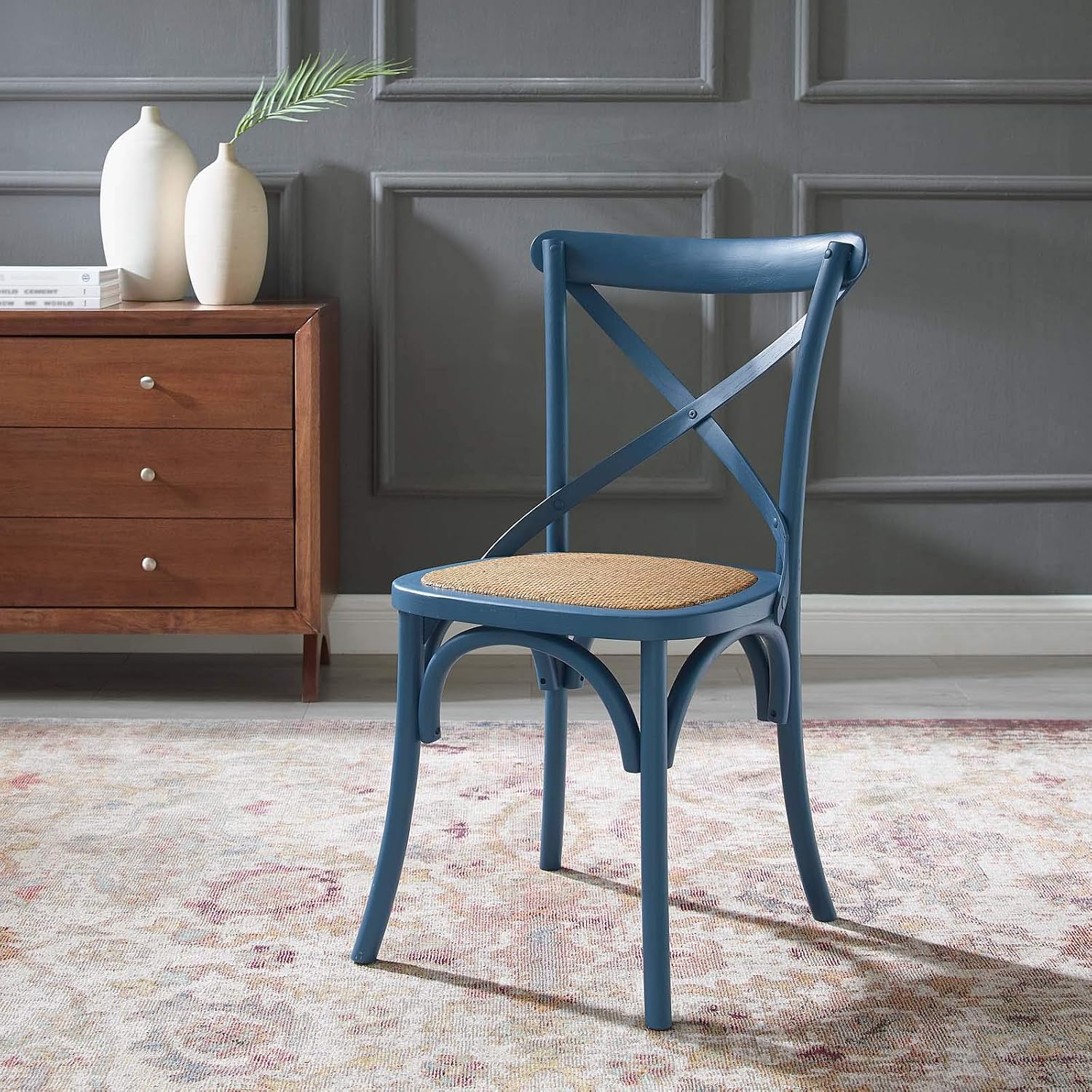 Modway Gear Rustic Modern Farmhouse Elm Wood Rattan Dining Chair in Gray