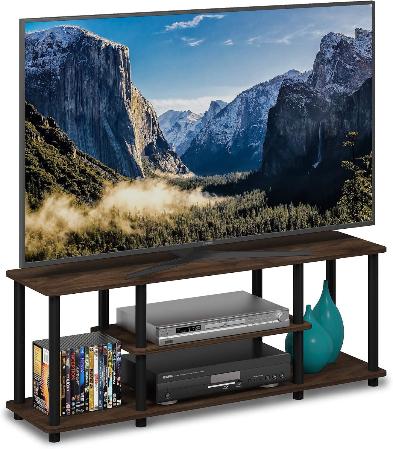 Furinno Turn-N-Tube No Tools 3D 3-Tier Entertainment TV Stand up to 50 inch TV, Round Tubes, French Oak Grey/Black | for TV up to 50 Inch, Open Frame Rectangular Entertainment Center with Storage Shelf, TV Console, for Living Room, Bedroom