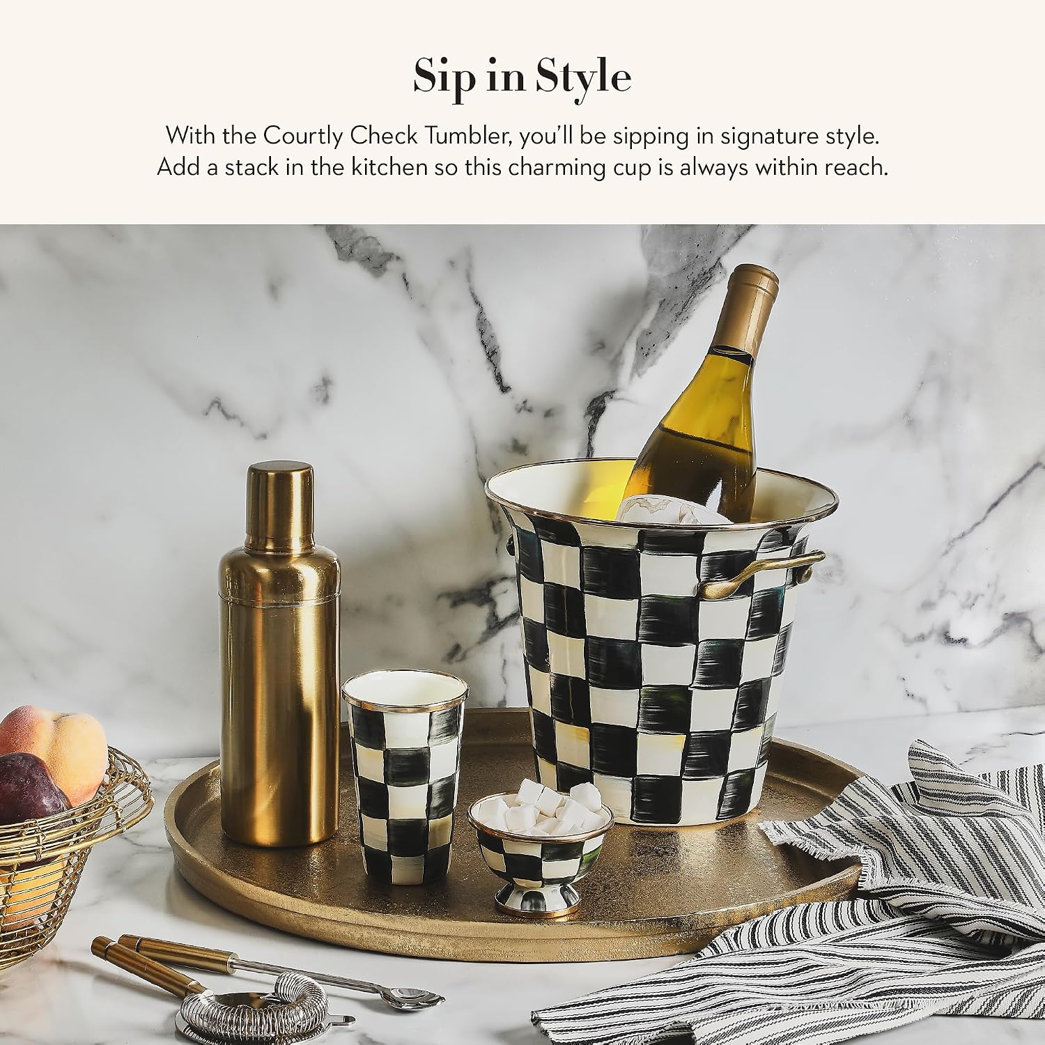MACKENZIE-CHILDS Enamel Tumbler, Black-and-White Courtly Check | Hand-painted design, elegant drinkware with gold rim, 2.75" dia. x 4.5" H, 10-ounce capacity