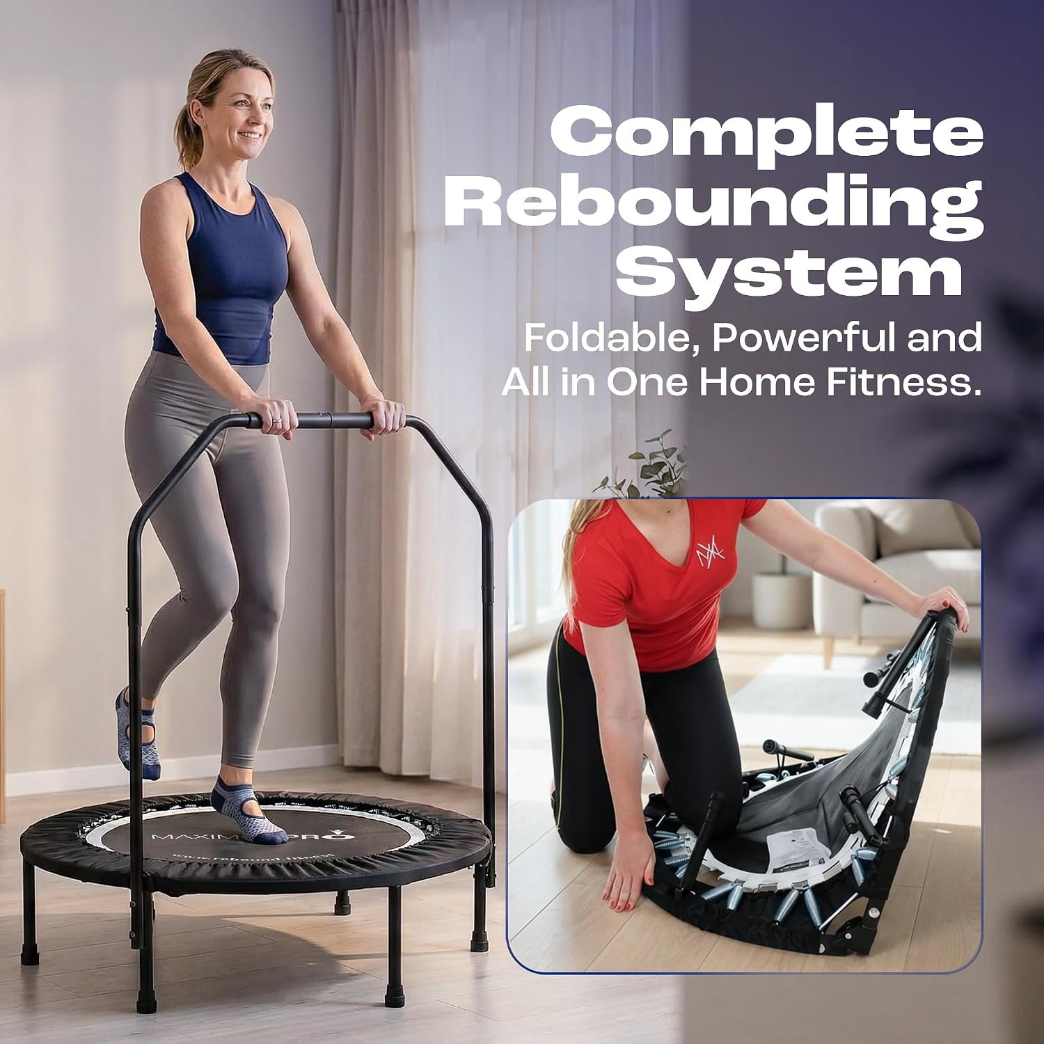 Maximus PRO Folding Rebounder Fitness Trampoline | Voted #1 Indoor Mini Exercise Trampoline for Adults with Bar | Best Home Gym for Fitness & Lose