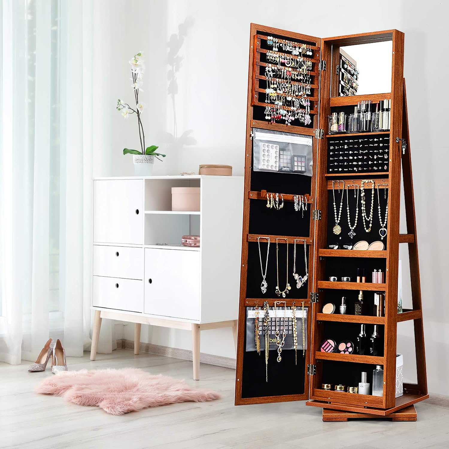 CHARMAID 360° Swivel Jewelry Armoire with Higher Full Length Mirror, Standing Lockable Jewelry Cabinet Organizer with Large Storage Capacity