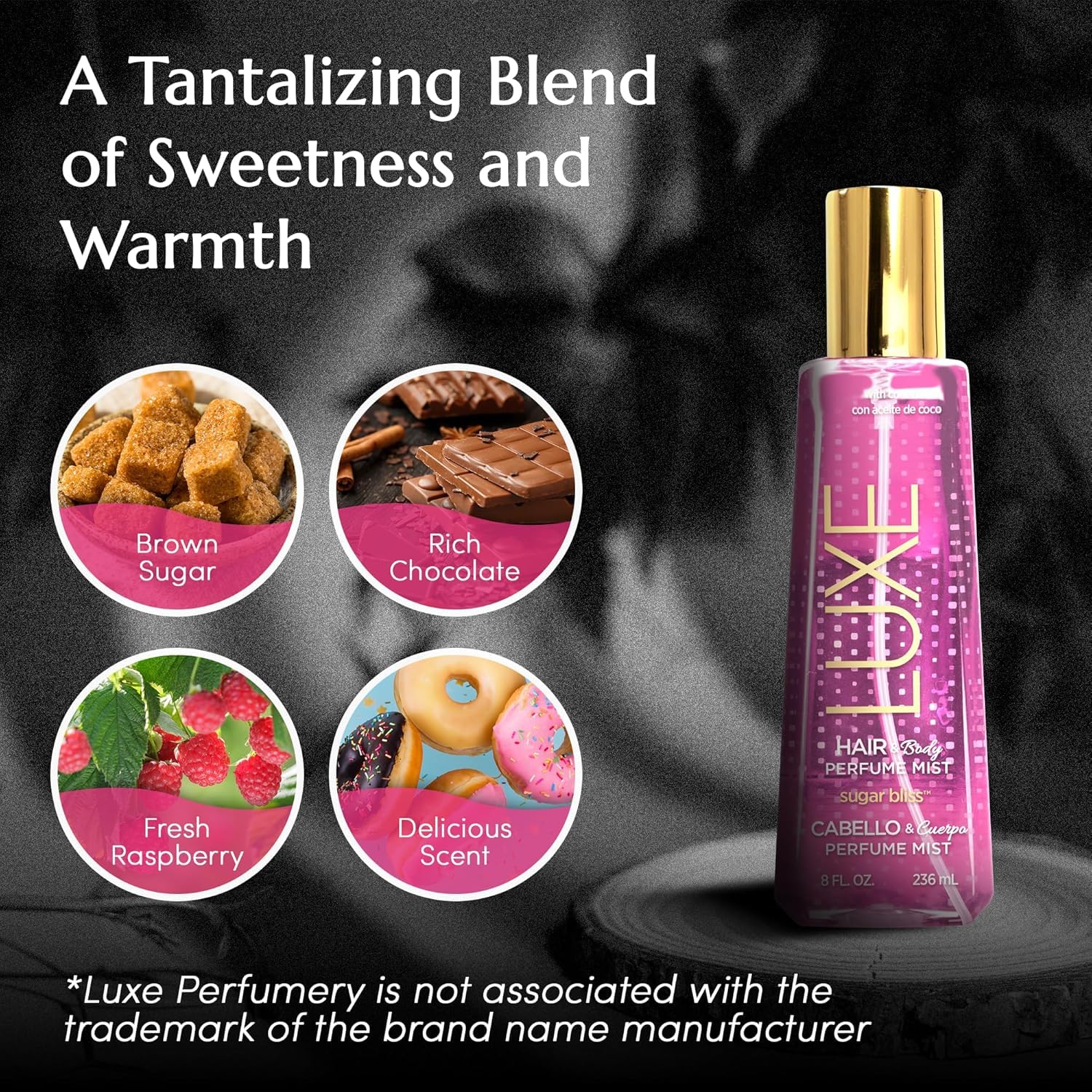 Luxe Perfumery Sugar Bliss Hair & Body Perfume Mist – Sweet Gourmand Fragrance with Raspberry, Chocolate, Vanilla & Musk – Hydrating Coconut Oil & Glycerin, Lightweight Daily Mist for Women, 8 Fl Oz