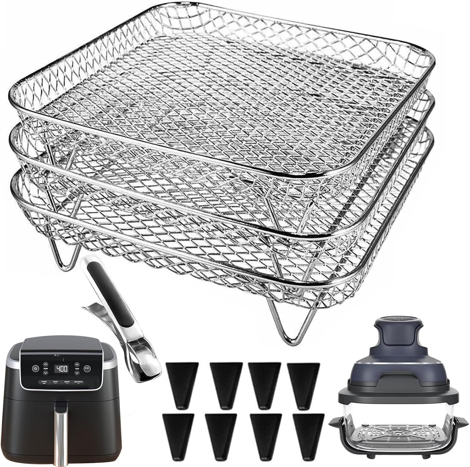 7 Inch Air Fryer Rack Compatible with Ninja Crispi/Ninja Pro 5QT/ Cosori 5QT/ Chefman 5-6QT/ Instant Pot 4Qt Vortex Air fryer &More, 3pcs Stackable Stainless Steel Air fryer Basket with 8 Silicon Feet