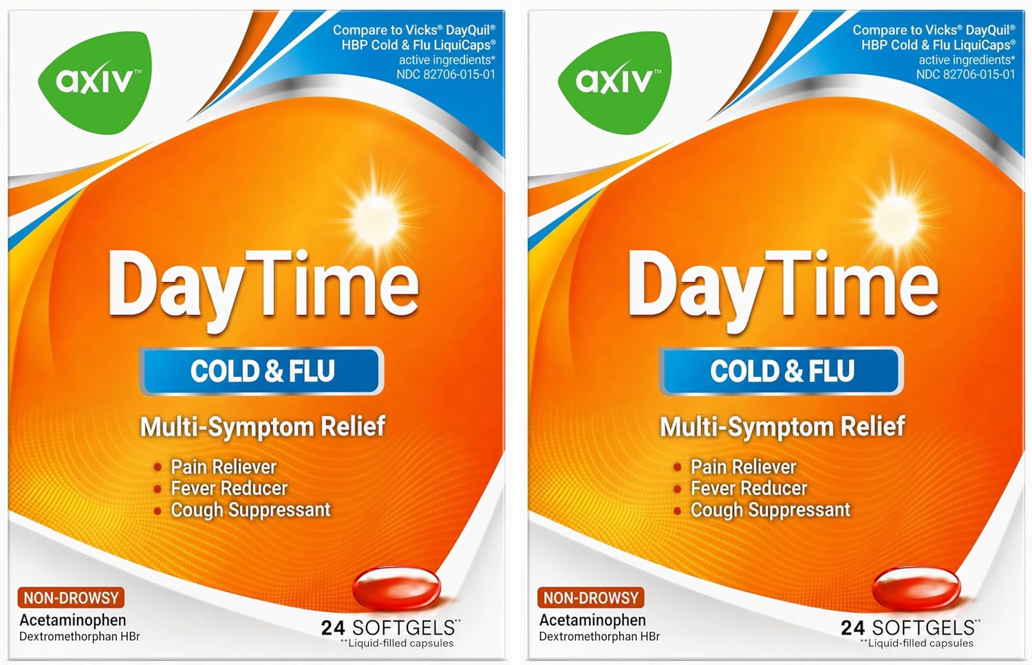 AXIV Daytime Multi-Symptom, Daytime Cold and Flu Relief Softgels, Non-Drowsy Cold Medicine, Relief of Pain, Sore Throat, Minor Aches and Pains, Fever, Cough, 24 Count