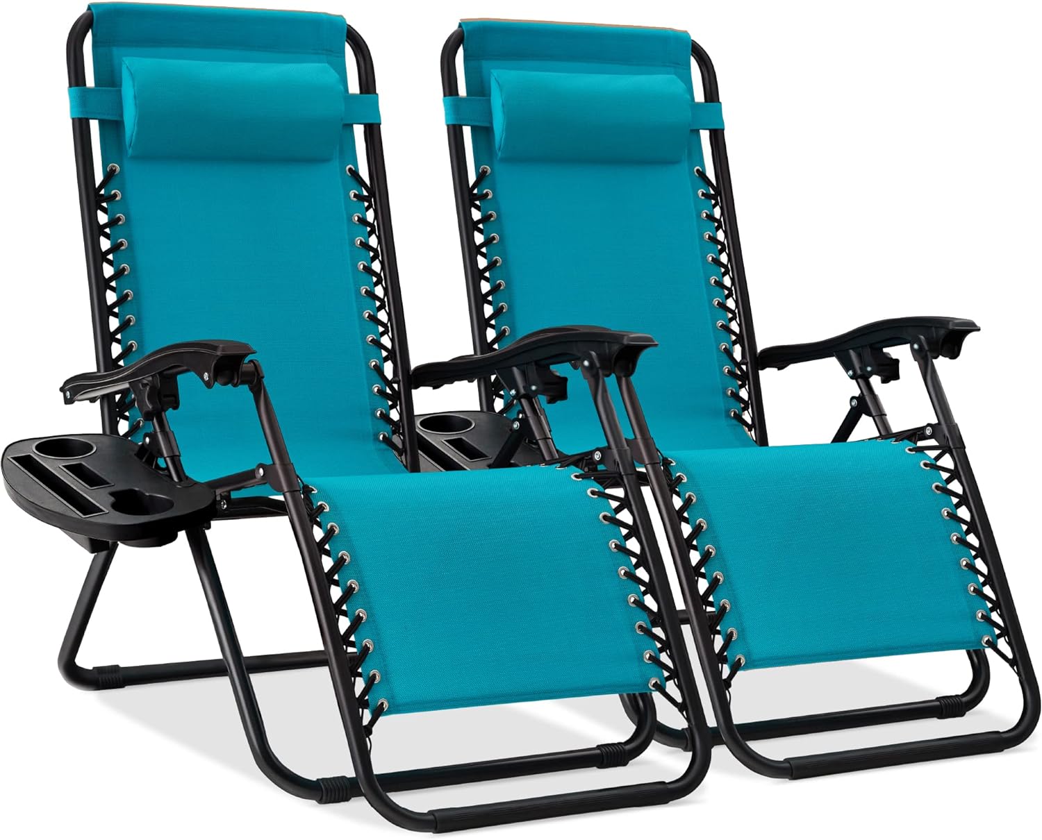 Best Choice Products Set of 2 Adjustable Steel Mesh Zero Gravity Lounge Chair Recliners w/Pillows and Cup Holder Trays - Light Blue