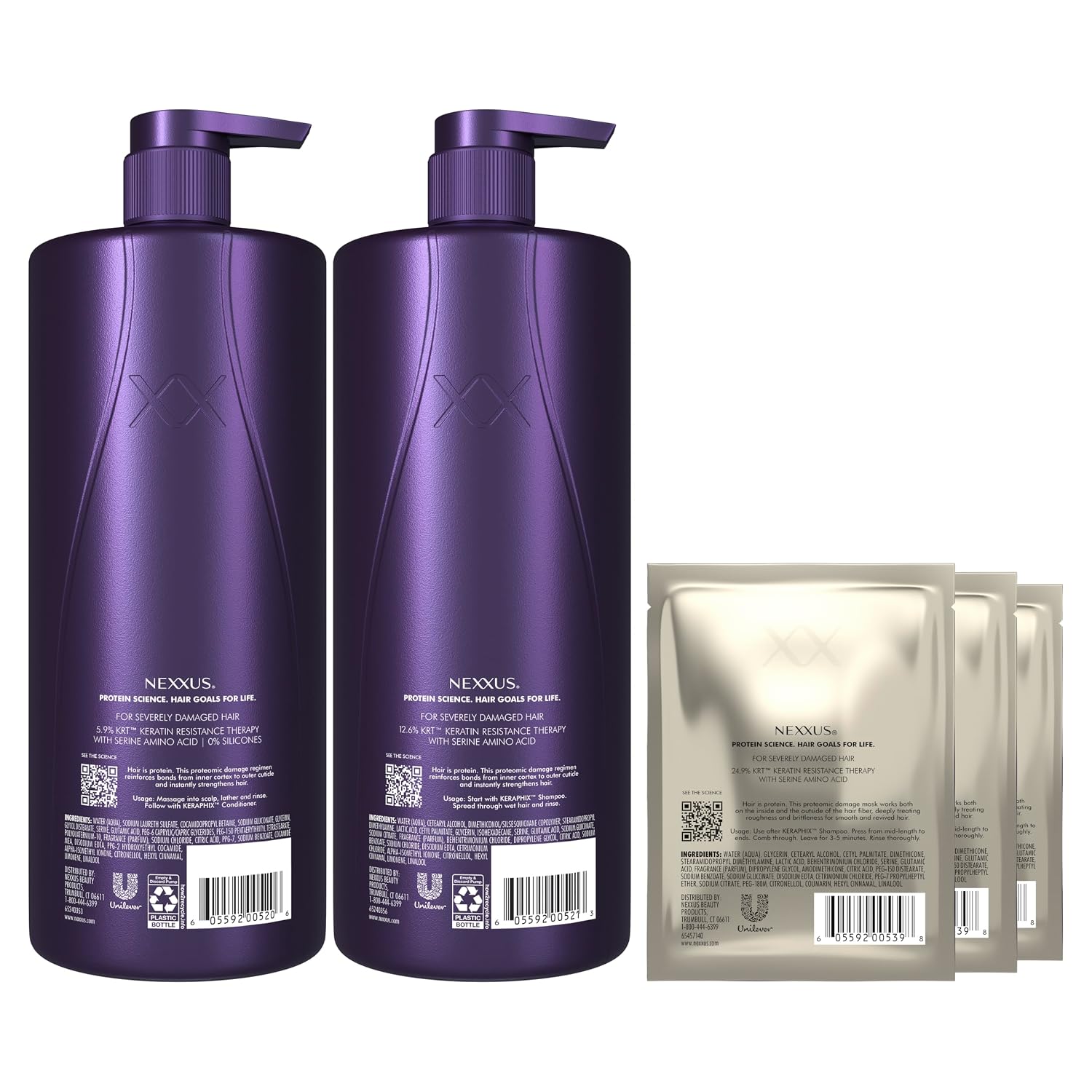 Nexxus Keraphix Shampoo and Conditioner - Damaged Hair Treatment System with Keratin Protein and Black Rice, 2 Count & 3 Repair Masks Treatment