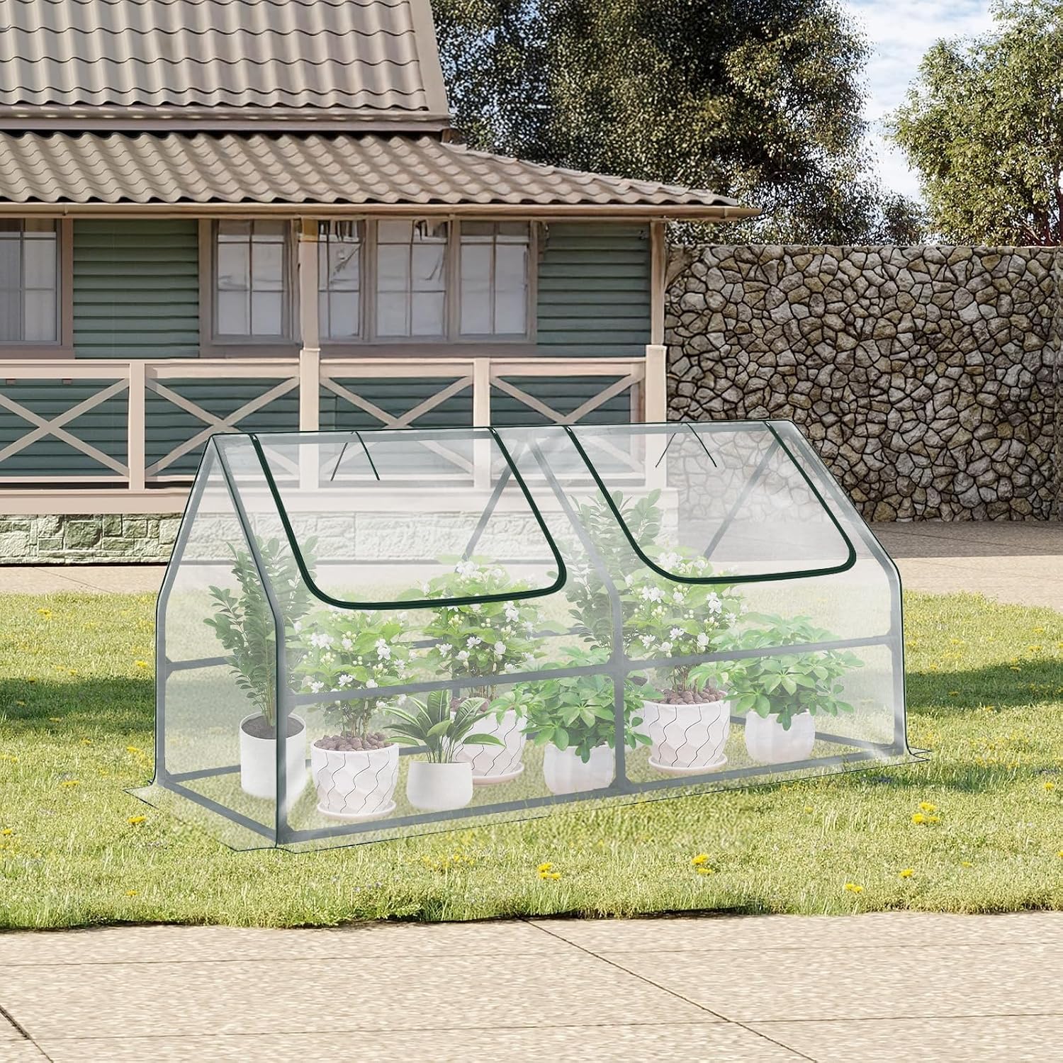 Aoodor 6 x 3 x 3 ft Mini Greenhouse with 2 Zipper Doors, Water-Resistant, UV-Protected for Flowers, Vegetables, and Herbs, Green