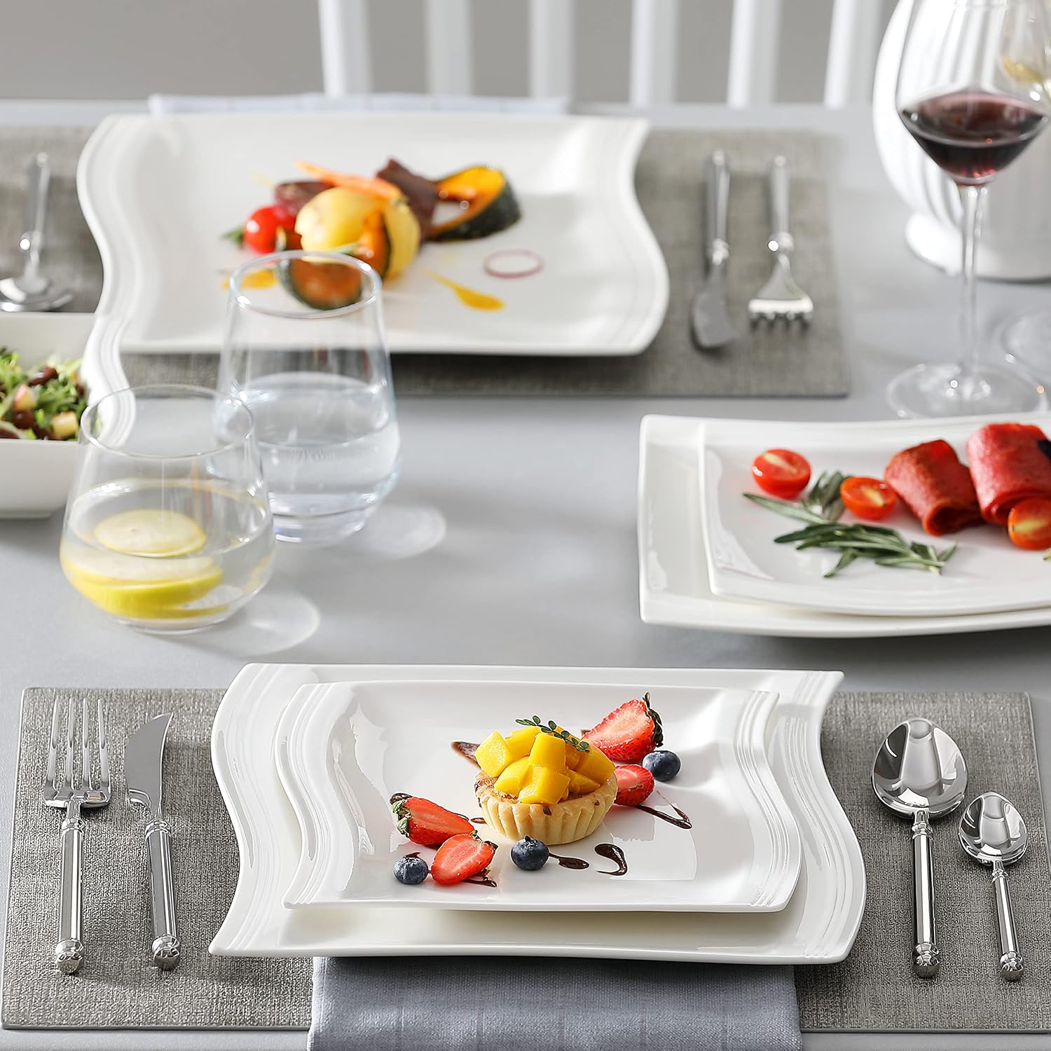 MALACASA Plates and Bowls Sets, 26 Pieces Ivory White Porcelain Dinnerware Sets without Mugs, Square Dinnerware with Dinner Plates, Bowls and Serving Platters, Modern Dish Set for 6, Series Flora