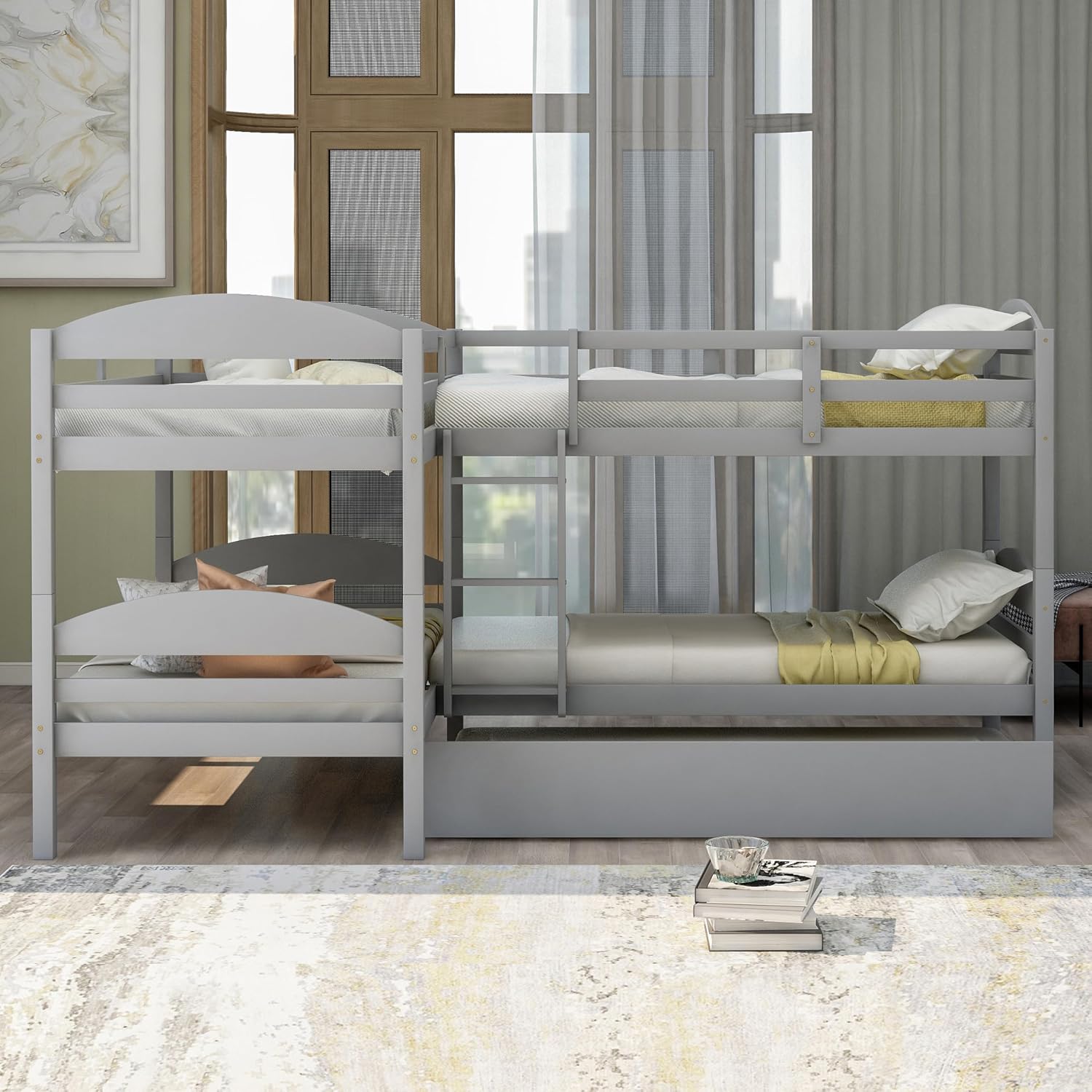Harper & Bright Designs Twin L-Shaped Bunk Bed with Trundle, Can be Divided into Two L-Shaped Beds, No Spring Box Needed (Grey)