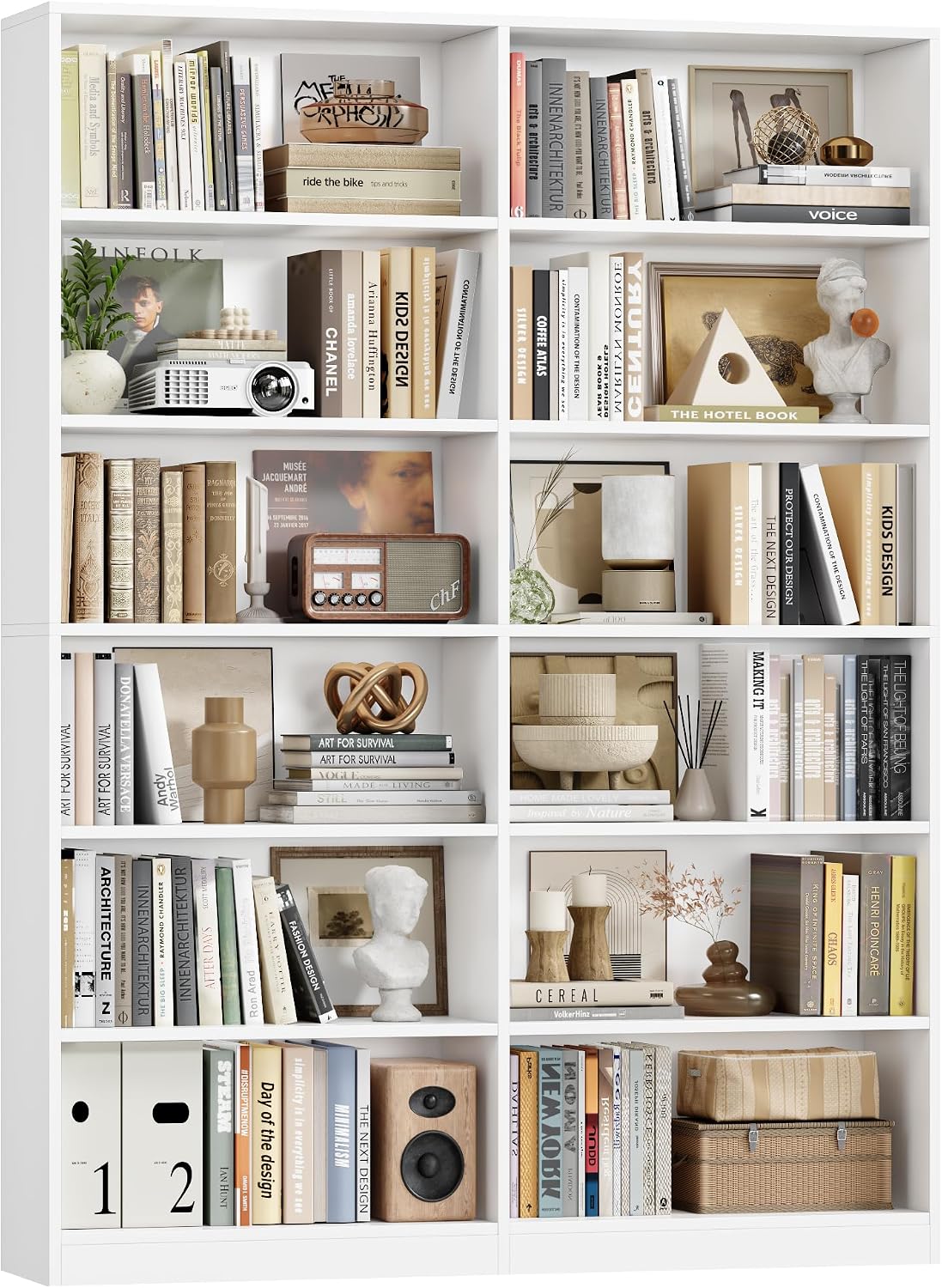 Bookshelf Tall Bookcase, 6-Tier Double Wide Bookshelves, White | Freestanding Display Storage Shelves, Tall and Large Book Shelves for Home Decor Bedroom, Living Room, Home Office, Library