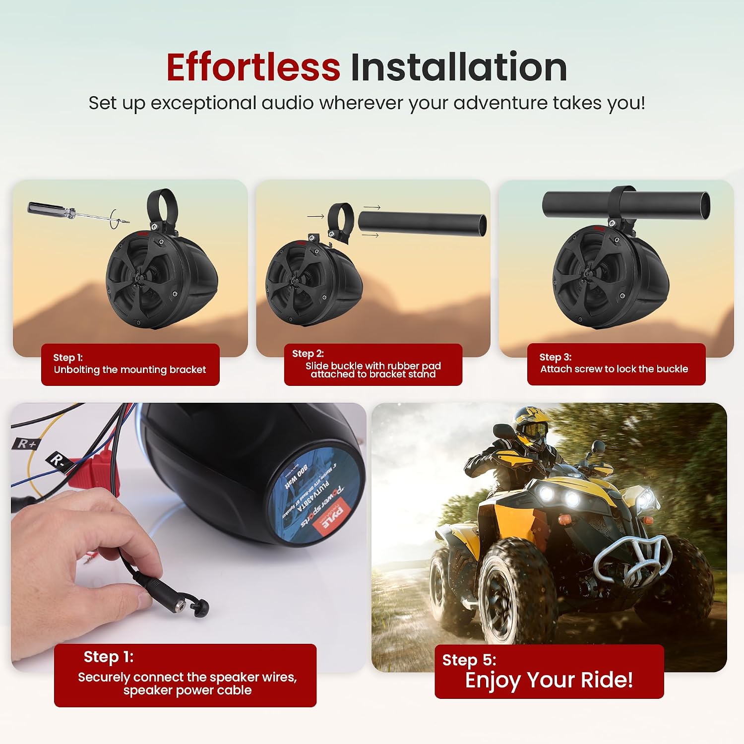Pyle 4" Off-Road Bluetooth Waterproof Speakers -800W Peak Power Amplified Speaker System for ATV / UTV, Golf Cart, Boat, Aux Input Jack