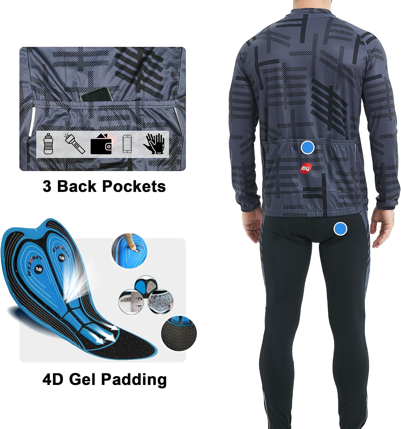 sponeed Cycling Clothes for Men Long Sleeve Mountain Bike Road Bicycle Shirt Jerseys Padded Pants Biking Outfits