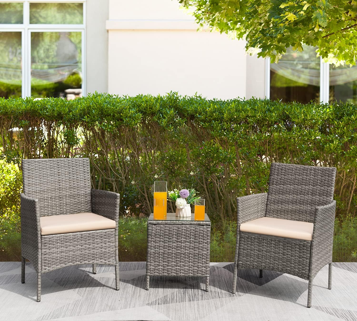 Greesum 3 Pieces Patio Furniture Sets Outdoor PE Wicker Chairs,Beige