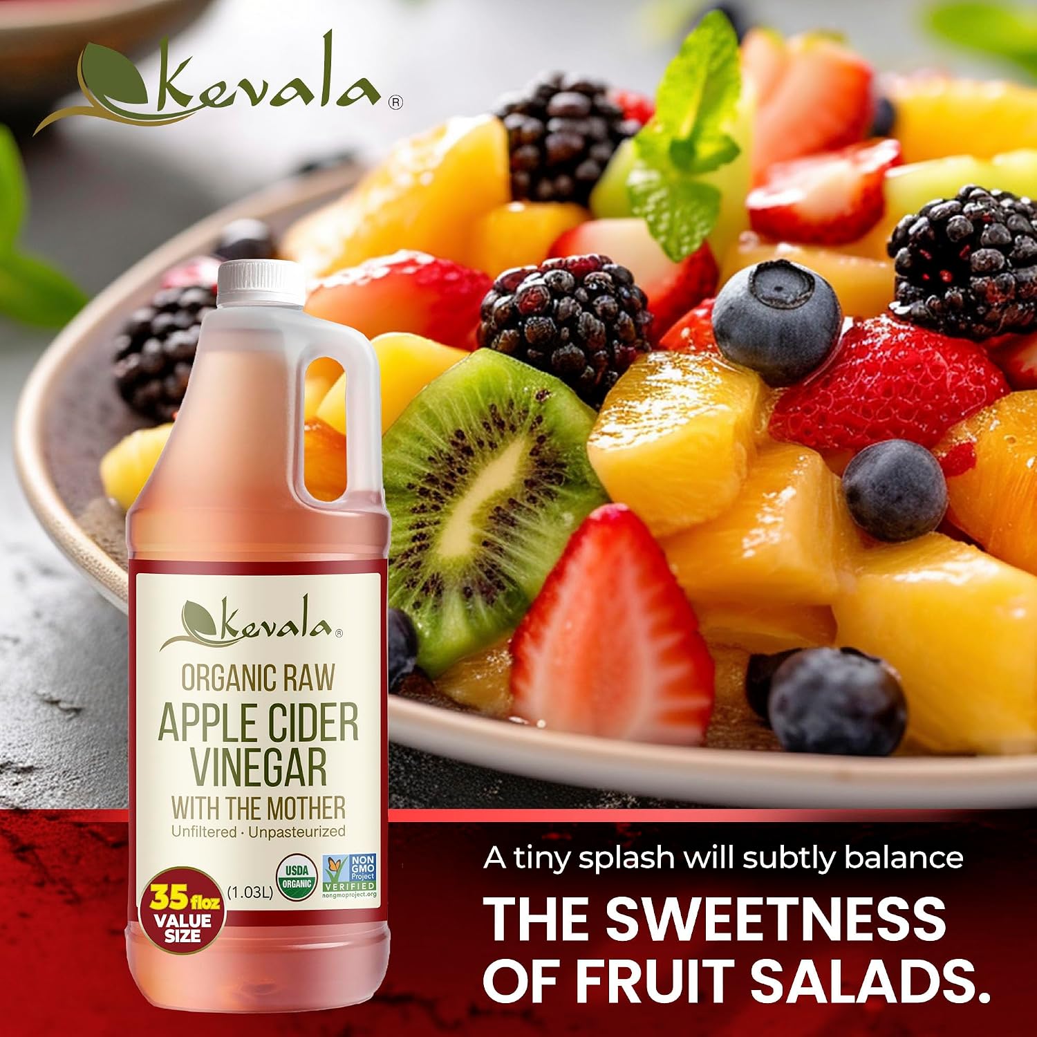 Kevala Organic Raw Apple Cider Vinegar - 35 oz, Cooking, Baking, Hair Care | Gluten Free and Peanuts Free, Ingredient for Vinaigrettes, Dressings, and Detox Shots, Contains the Natural Mother of Vinegar