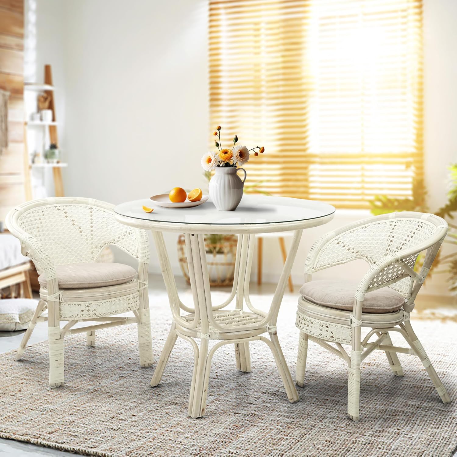 Pelangi Handmade Rattan Dining Wicker Chair Colonial Color w/Cream Cushion