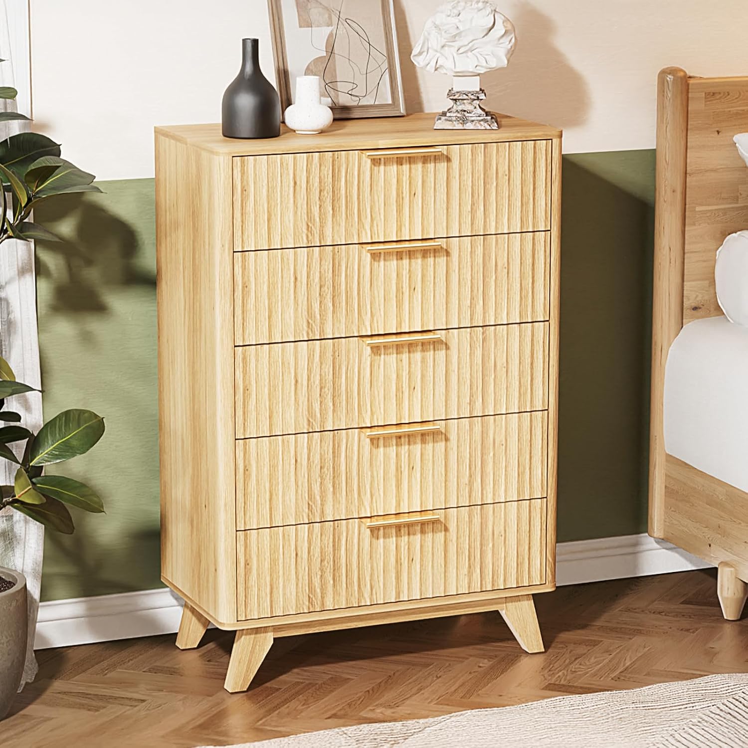 VINGLI Fluted Tall Dresser 5 Drawer, 23.66" W Chest of Drawers Gray Wood Dresser with Rounded Edges, Grey Dressers for Bedroom