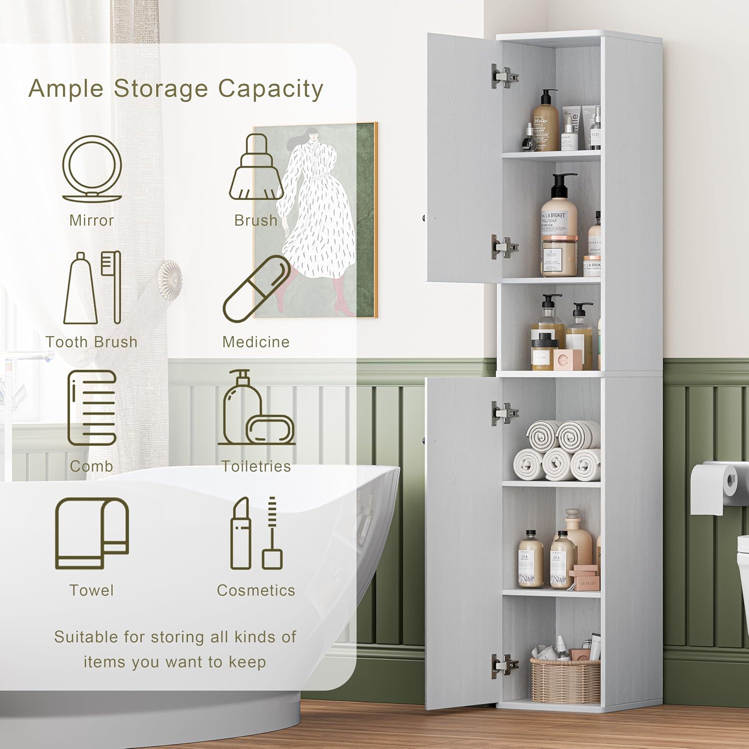 64" Narrow Bathroom Storage Cabinet with Adjustable Shelves and Drawer | 6-Tier Tall Slim Storage Cabinet, Anti-Tip Kit Included