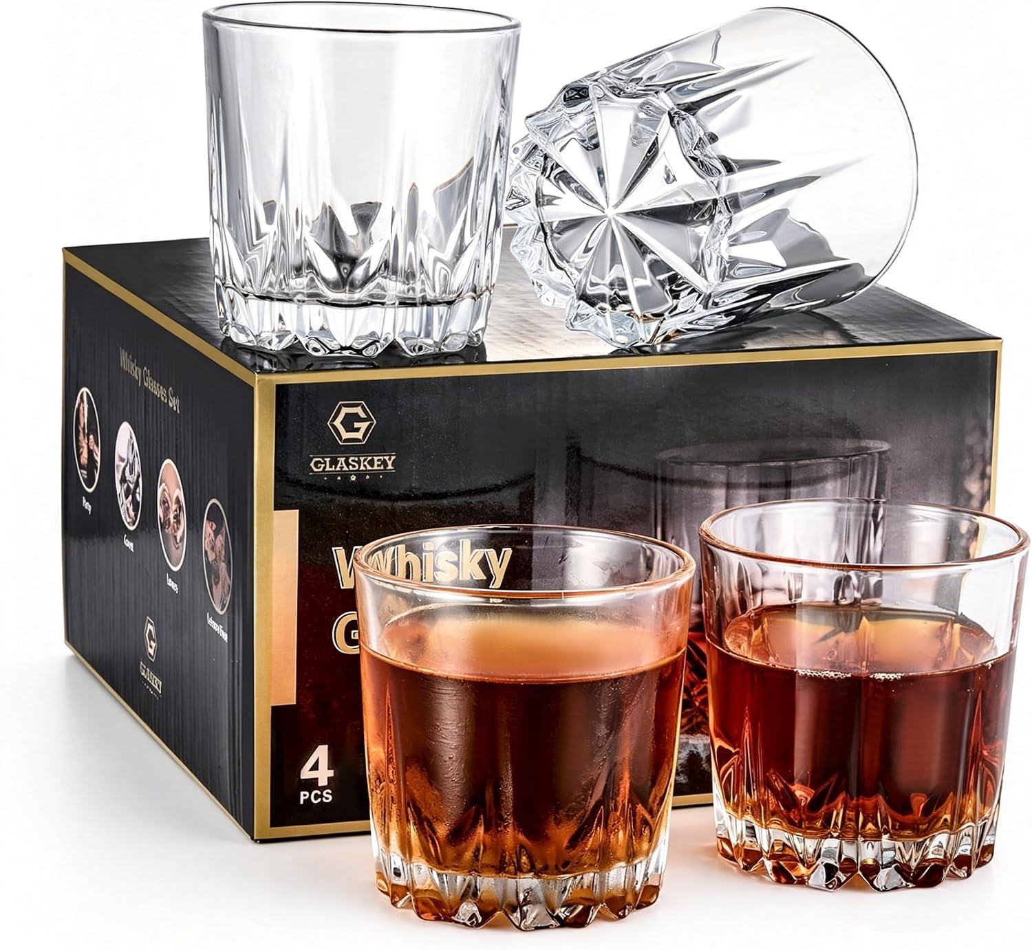 GLASKEY 12 oz Storm Japanese Whiskey Glasses Set of 4, Unique Cognac Glasses, Heavy Thick Bottom Bar Glass for Scotch Bourbon Rum Gin Water Cocktail,Gifts Men Gifts Ideas