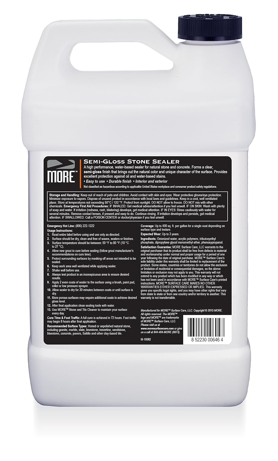 MORE- Semi-Gloss Stone Sealer - Seal & Enhance Natural Stone, Paver, Tile & Concrete - Wet Look Semi-Gloss Finish - Protects Against Oil & Water-Based Stains - Indoor/Outdoor - Water-Based - 128oz