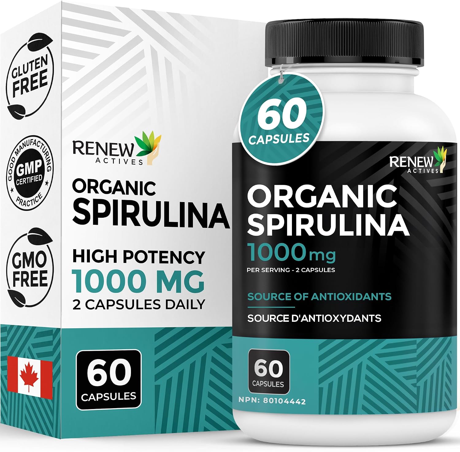 Renew Actives Organic Spirulina 1000MG per 2 Capsules – Superfood for Men & Women – Supports Energy