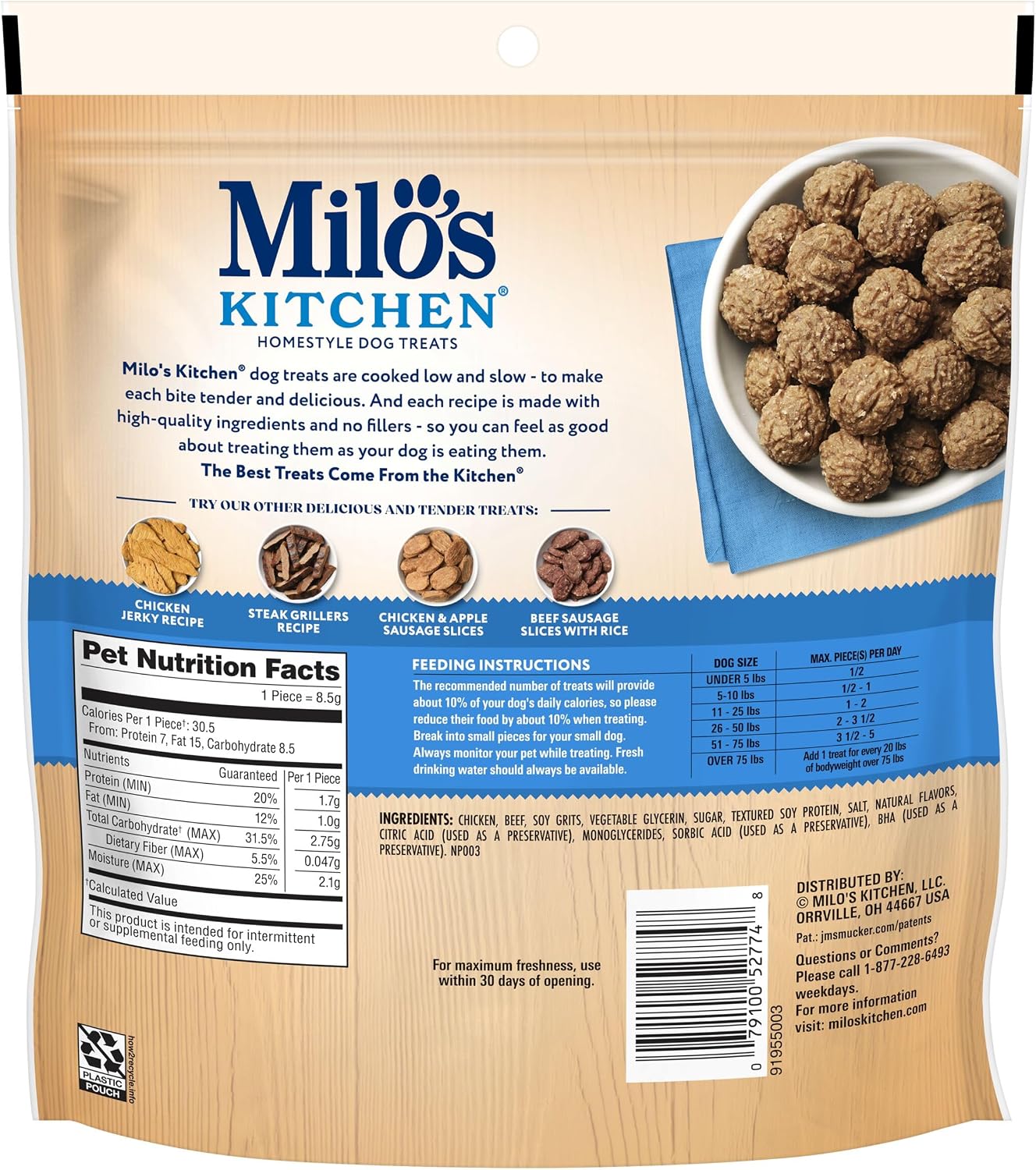 Milo’s Kitchen Chicken & Apple Sausage Slices Dog Treats, 18 Oz. Bag