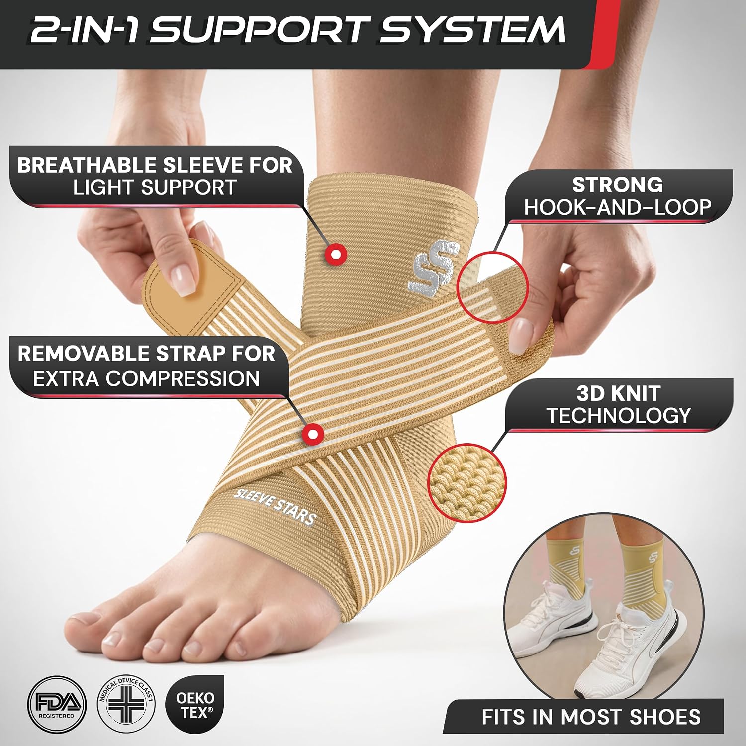 Sleeve Stars Ankle Brace for Women & Men, Ankle Wrap for Sprain, Compression Sleeve for Plantar Fasciitis Relief, Easy Customizable Support: w/ Removable Strap (Single/M:10"-12"/Black)