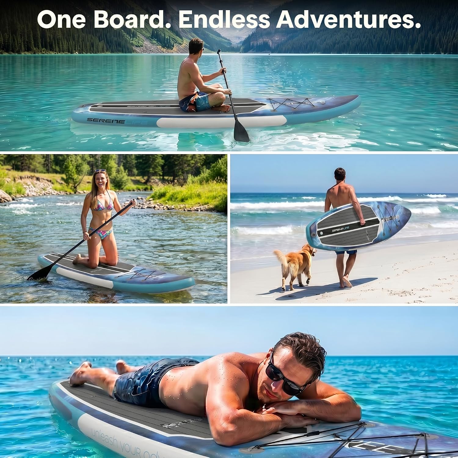 SereneLife 10’6” Inflatable Stand Up Paddle Board with Premium SUP Accessories - 32” Wide Stable Design with Non-Slip EVA Deck Pad