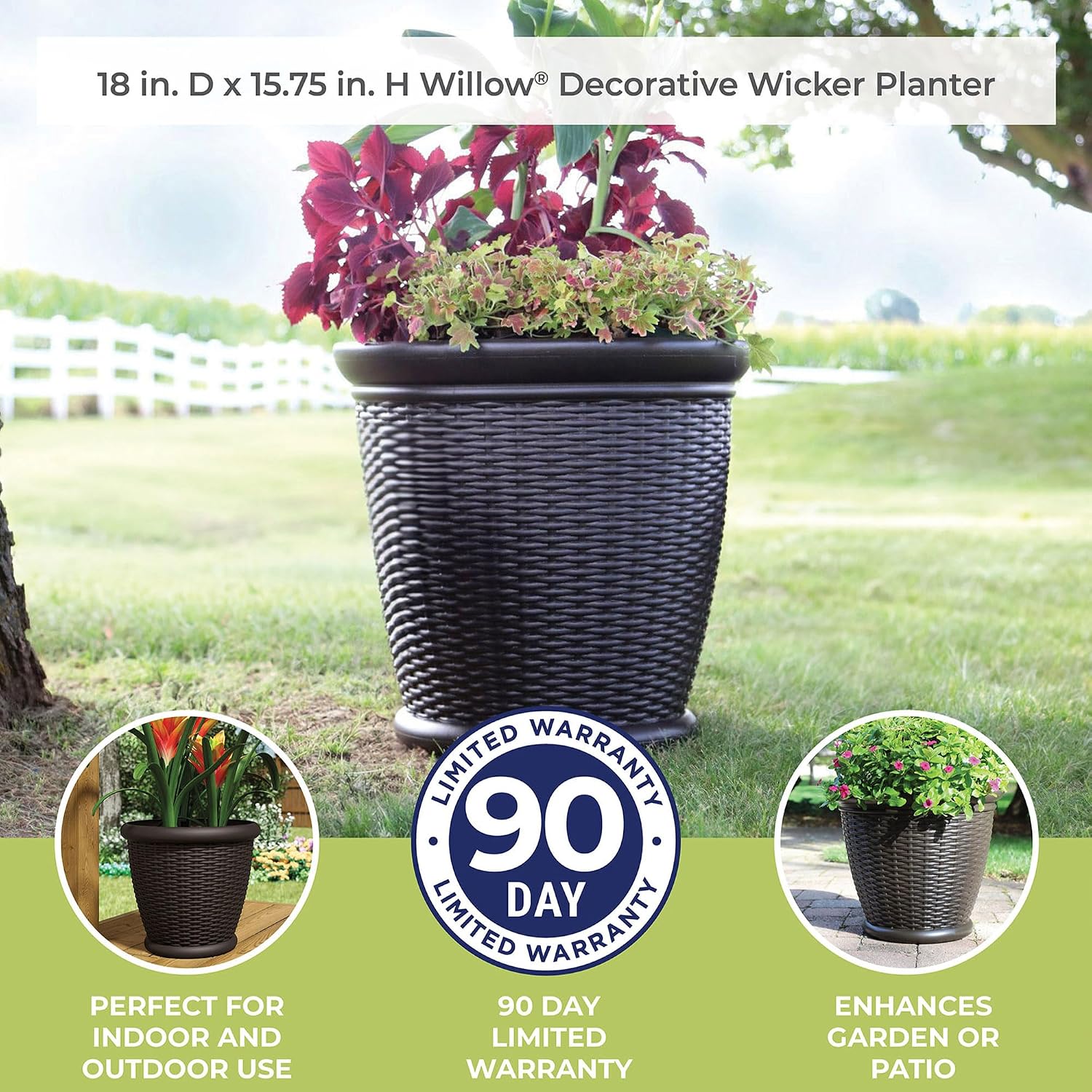 Suncast Wicker Planter w/ Drillable Drain Holes, Decorative Indoor/Outdoor Pot, 18in, Java