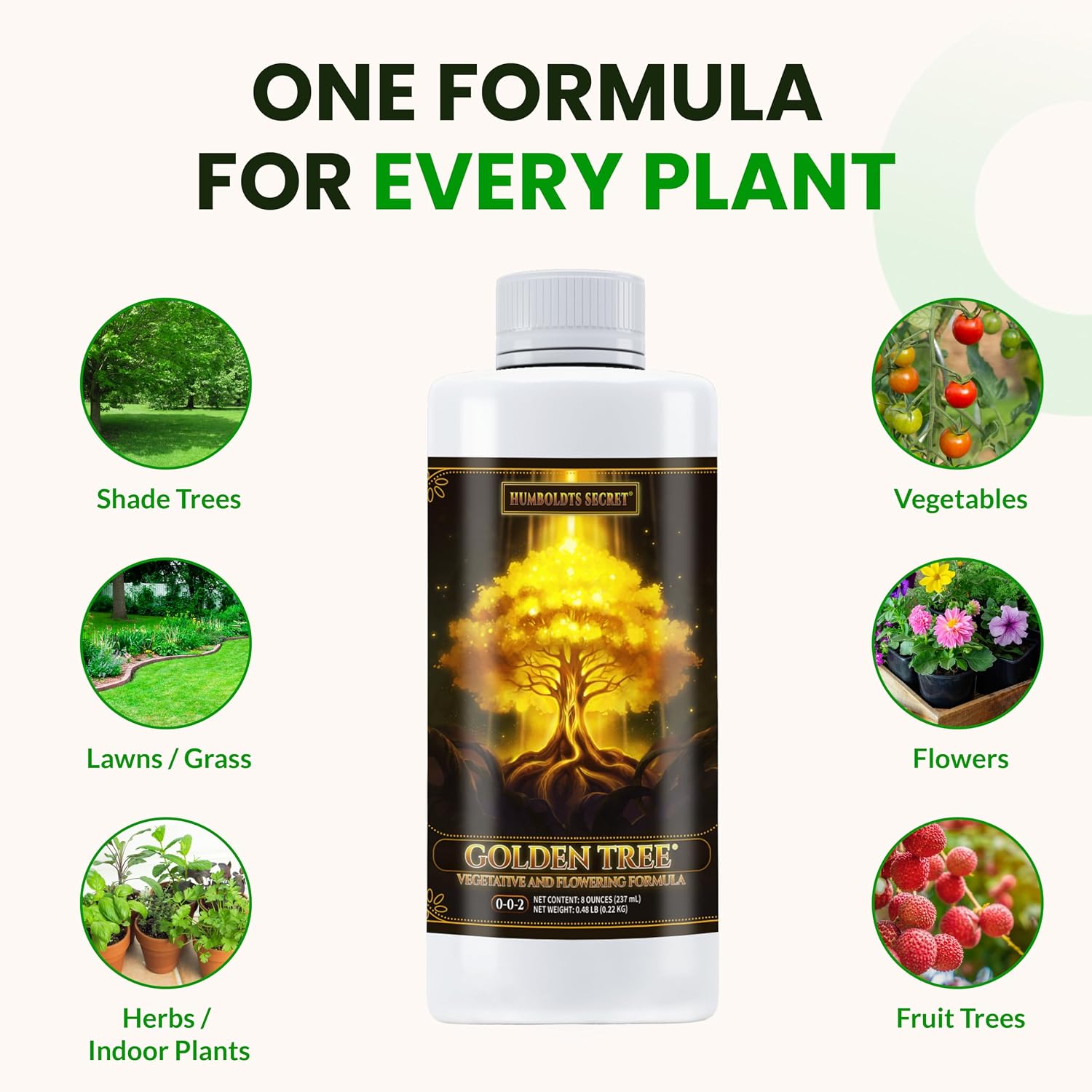 Humboldts Secret Golden Tree Liquid Plant Food | Enhances Growth Indoors or Outdoors | All-in-One Plant Nutrients for Vegetables, Trees, Flowers, Fruits, Roses, Lawns, Tomatoes | 16 Ounce