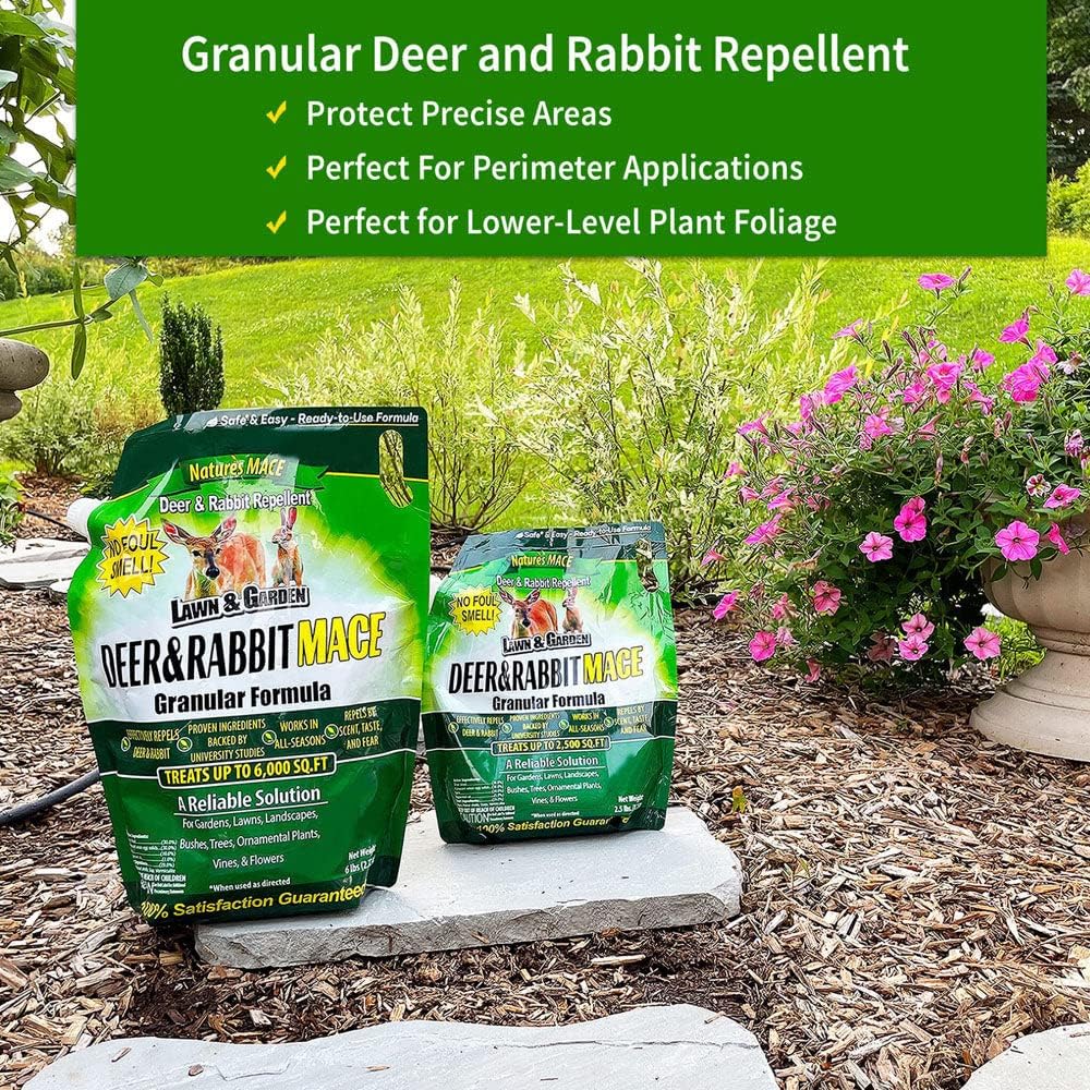 Nature's MACE Deer & Rabbit Repellent 25 lb Granules | Covers 25,000 Sq Ft, Repel Deer from Your Home & Garden, Deterrent, Safe to use Around Children, Plants, Produce.