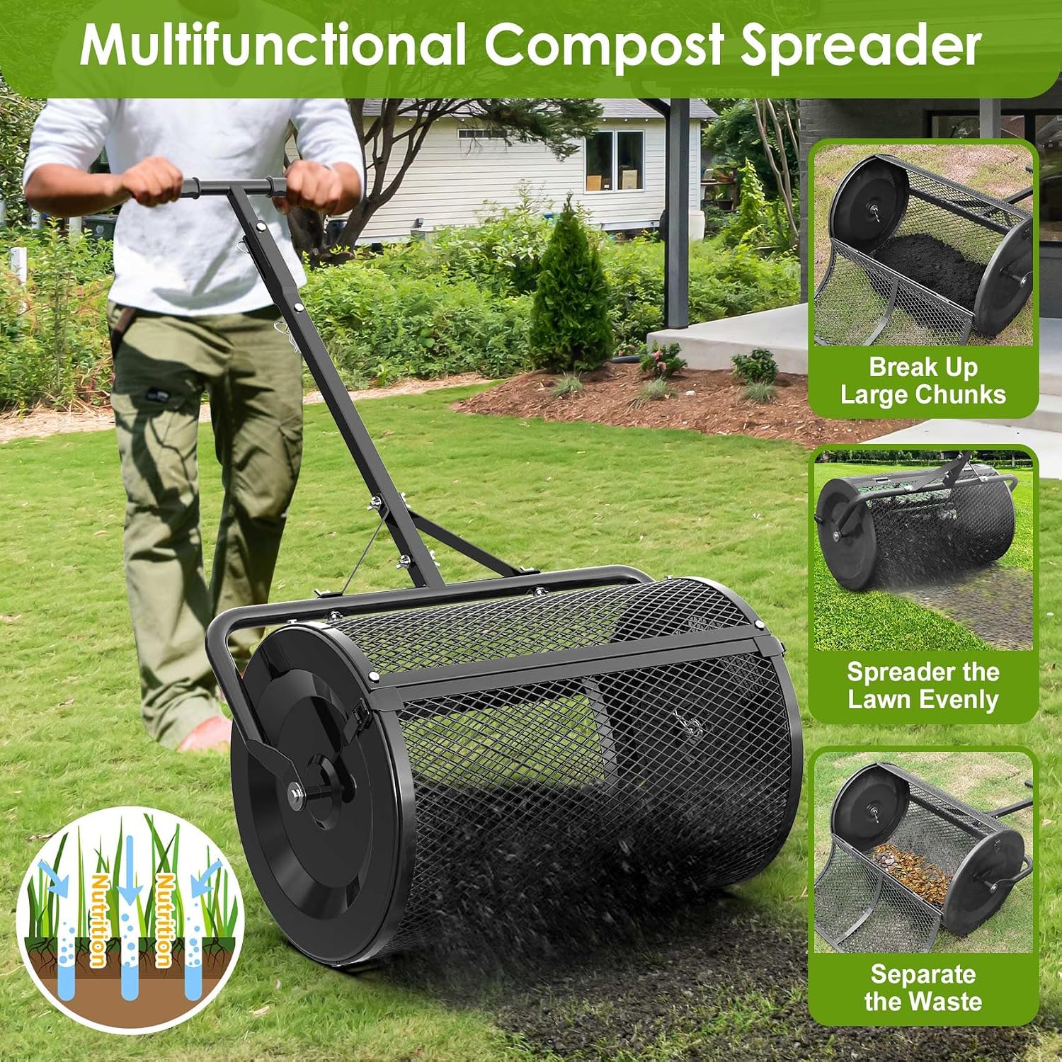 Seeutek Compost Spreader, 24" Peat Moss Spreader with 3 Heights | Push or Tow Top Soil Spreader W/Upgraded Side Latches Support Rod Powder Coated Metal Mesh Top Dressing Spreader for Lawn