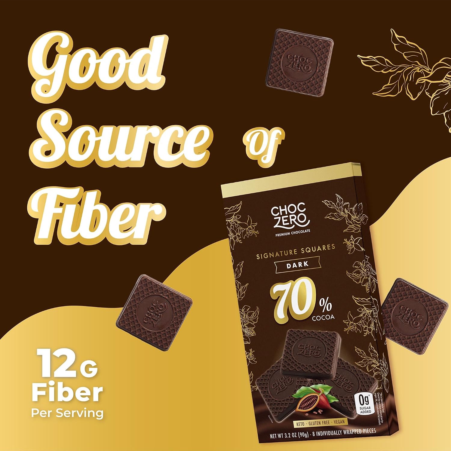 ChocZero 70% Cocoa Sugar Free Dark Chocolate Squares, Vegan, 4 Pack | No Sugar Alcohols, Keto, Low Carb, High Fiber, Gluten Free, 32 Total Candy Squares