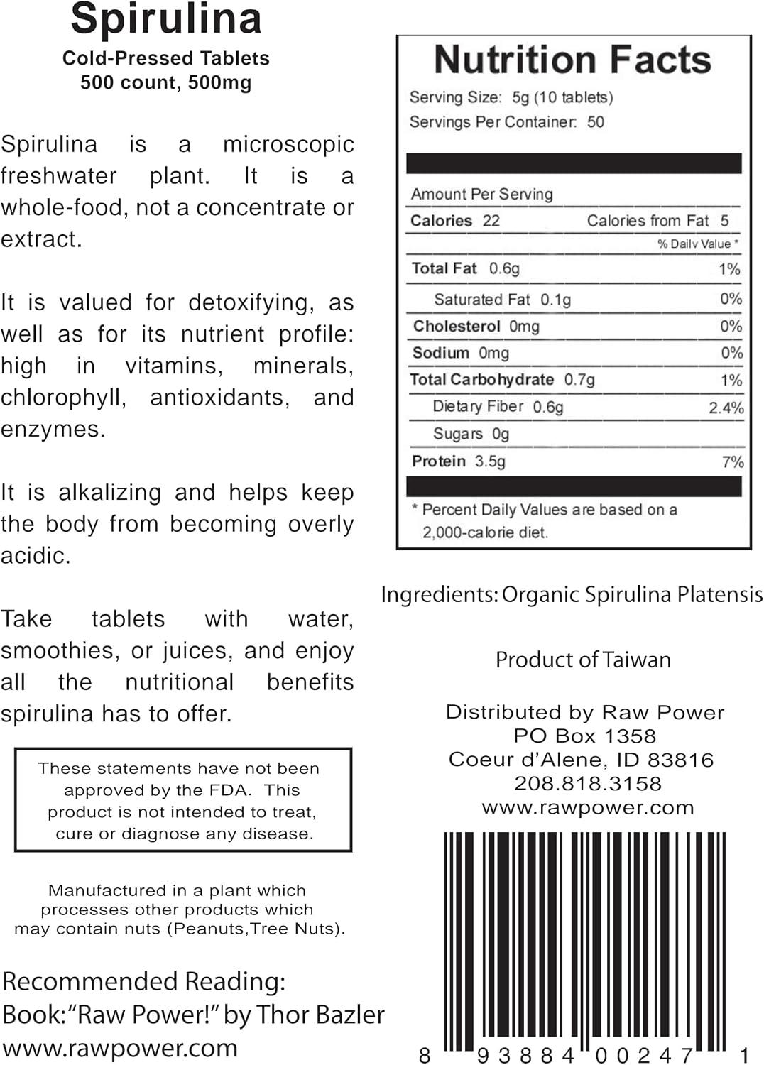 Raw Power Spirulina Tablets, 500 Count, 500mg Each, 250 Grams / 8.8 oz, Premium, Pure, Cold-Pressed, Unheated