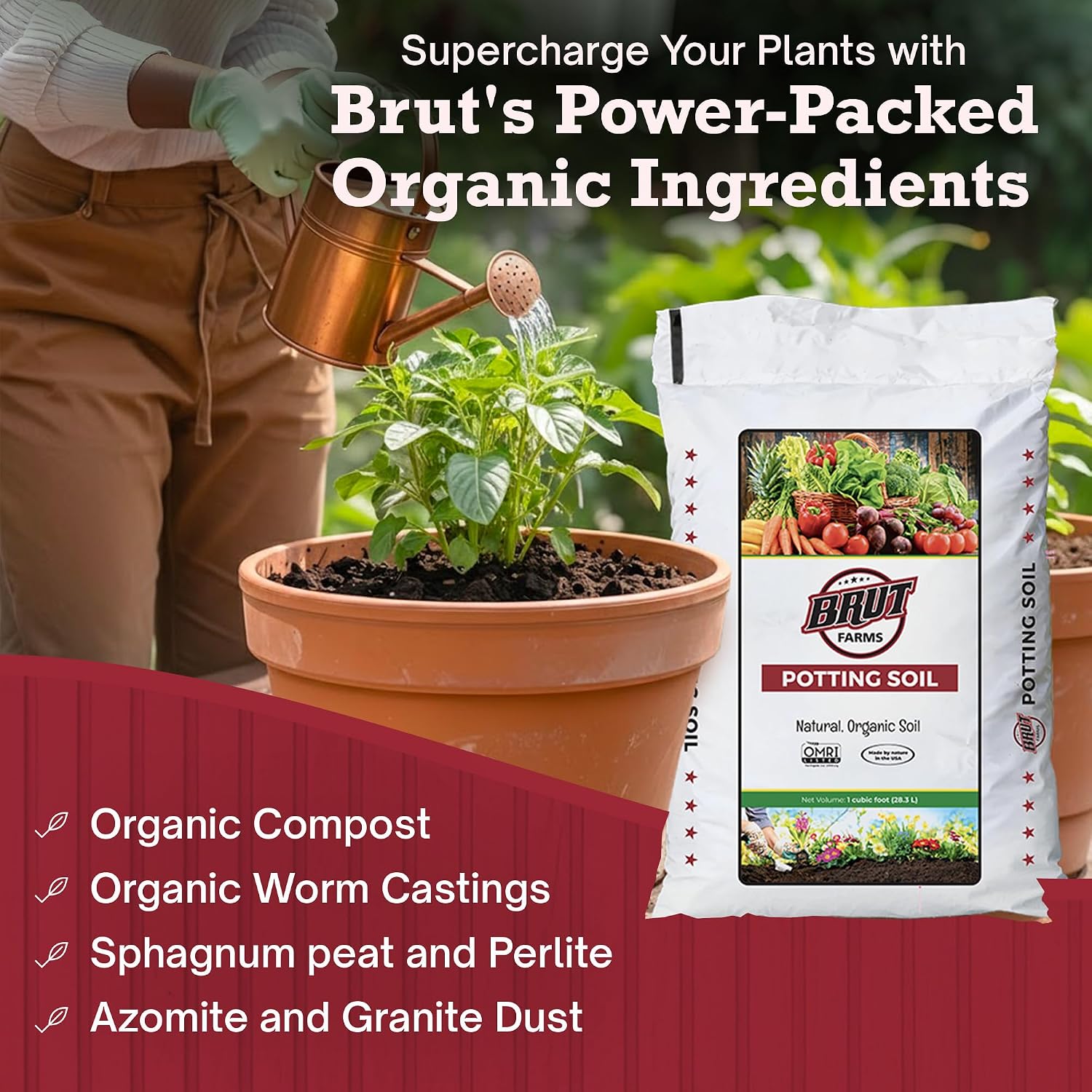 Brut Organic Potting Soil 1 CU FT – Premium Plant Soil with Organic Worm Castings, Trace Minerals & Perlite – Chemical-Free