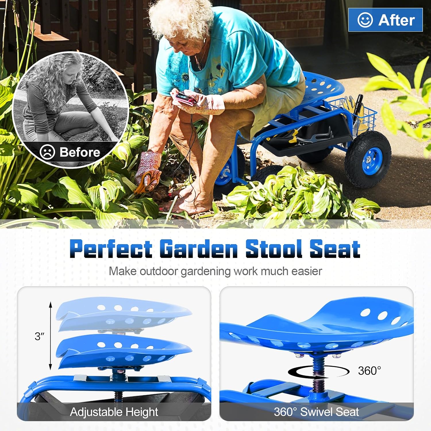 Giantex Rolling Garden Work Seat, 360 Swivel Gardening Workseat with Wheels, Tool Basket, Adjustable Height, Outdoor Scooter for Sitting, Gardening Stool Chair for Planting Trimming, Red