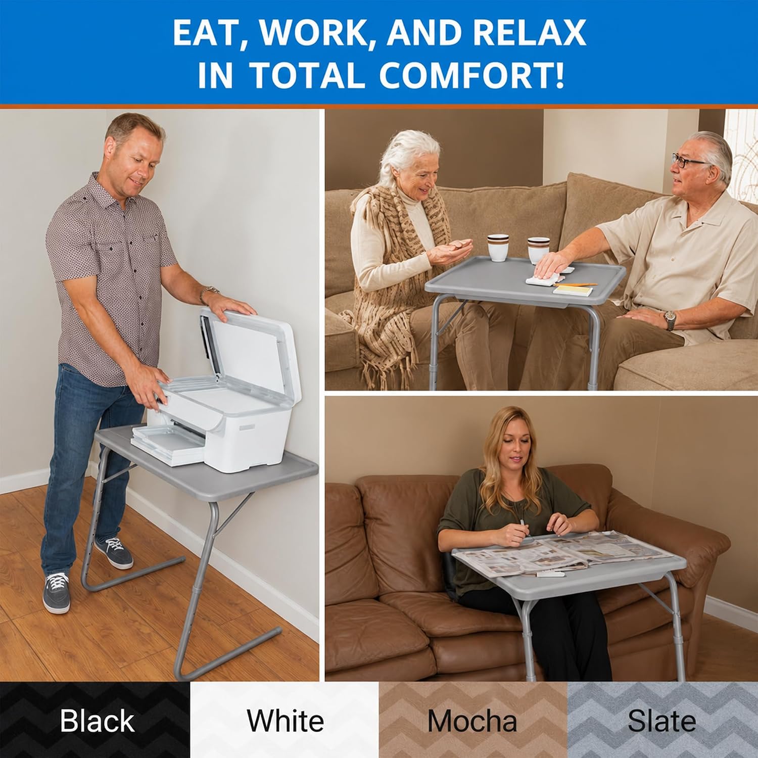 Table-Mate TV Tray Table | Portable Desk Folding Dinner Tray, Couch Table Trays for Eating Snack Food, Portable Laptop Desk, Bed Trays for Eating | Adjustable TV Trays with 3 Angles and Cup Holder