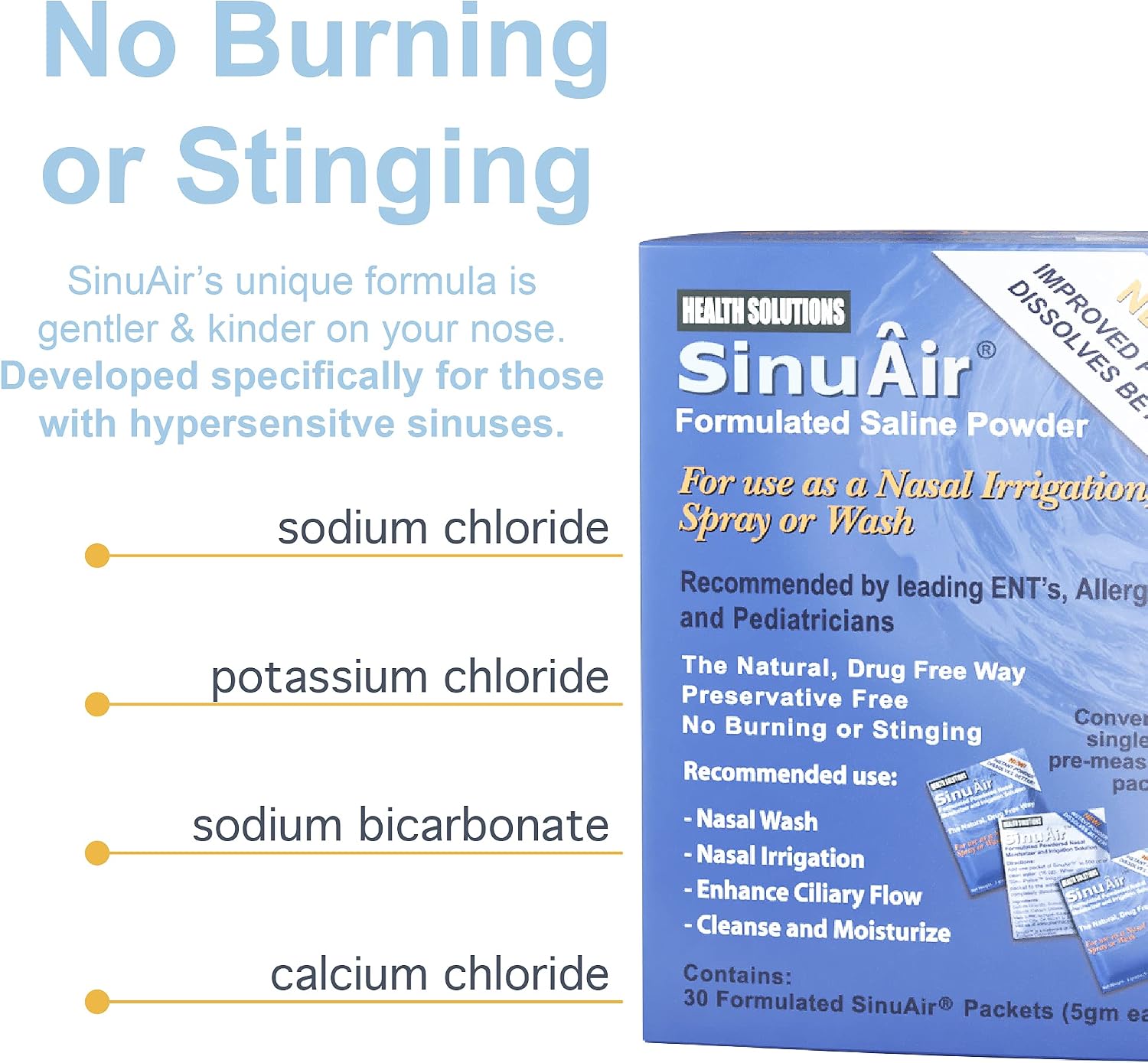 SinuAir Sinus Rinse Salt Solution - Saline Powder for SinuPulse System, Neti Pot Flush, Nasal Wash Squeeze Bottle, & Nose Irrigation, Enhanced Formulation & Cleaning for Sinuses, 180 Packets