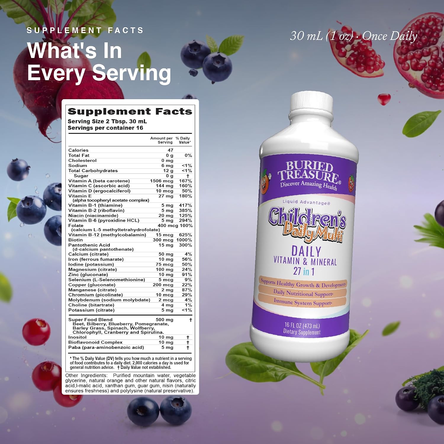 Buried Treasure Children’s Daily Liquid Multivitamin – 27 Vitamins & Minerals with SuperFood Blend – Sugar Free, Vegan, Orange Mango Flavor