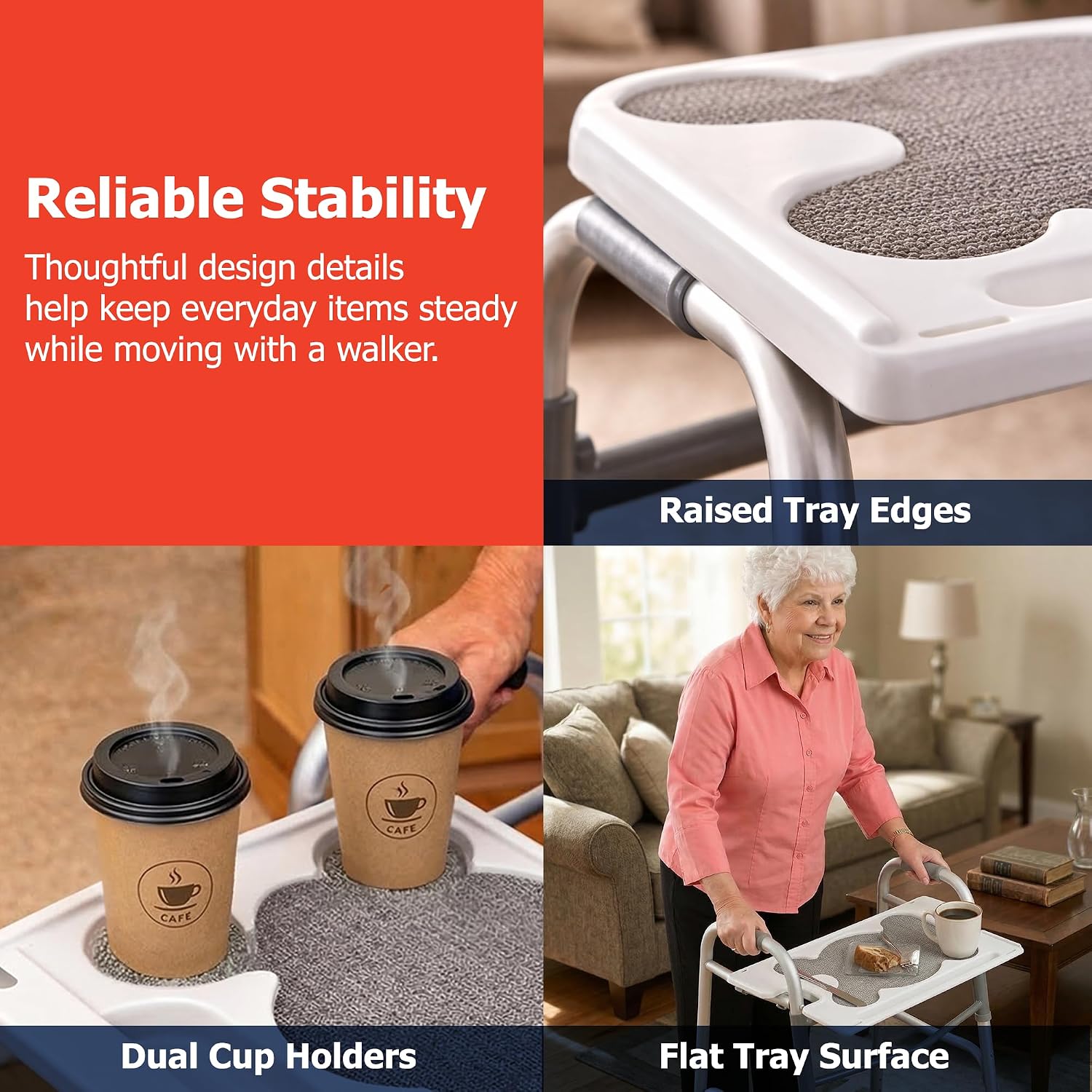 Sammons Preston Standard Walker Tray, Clip-On Surface with Cup Holders, Lightweight Raised-Edge Design for Bariatric Walkers, Stable Dining and Utility Support for Seniors and Mobility Aid Users