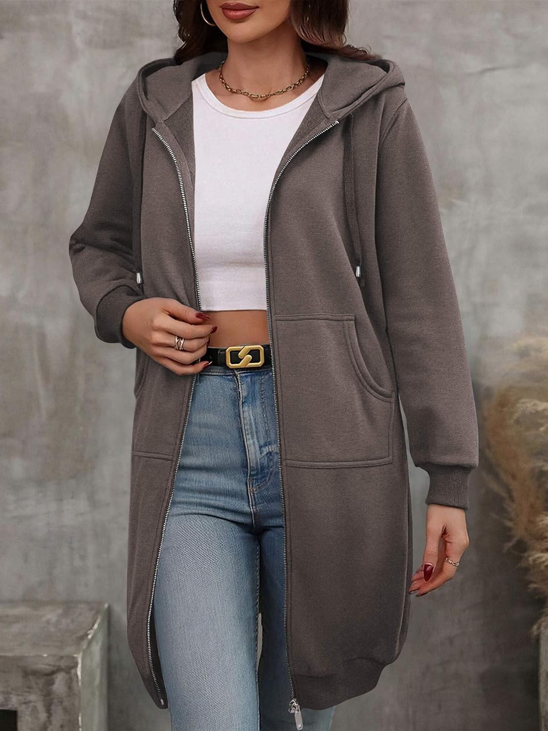 ELESOL Women Casual Zip up Fleece Hoodies Tunic Sweatshirt Long Jacket