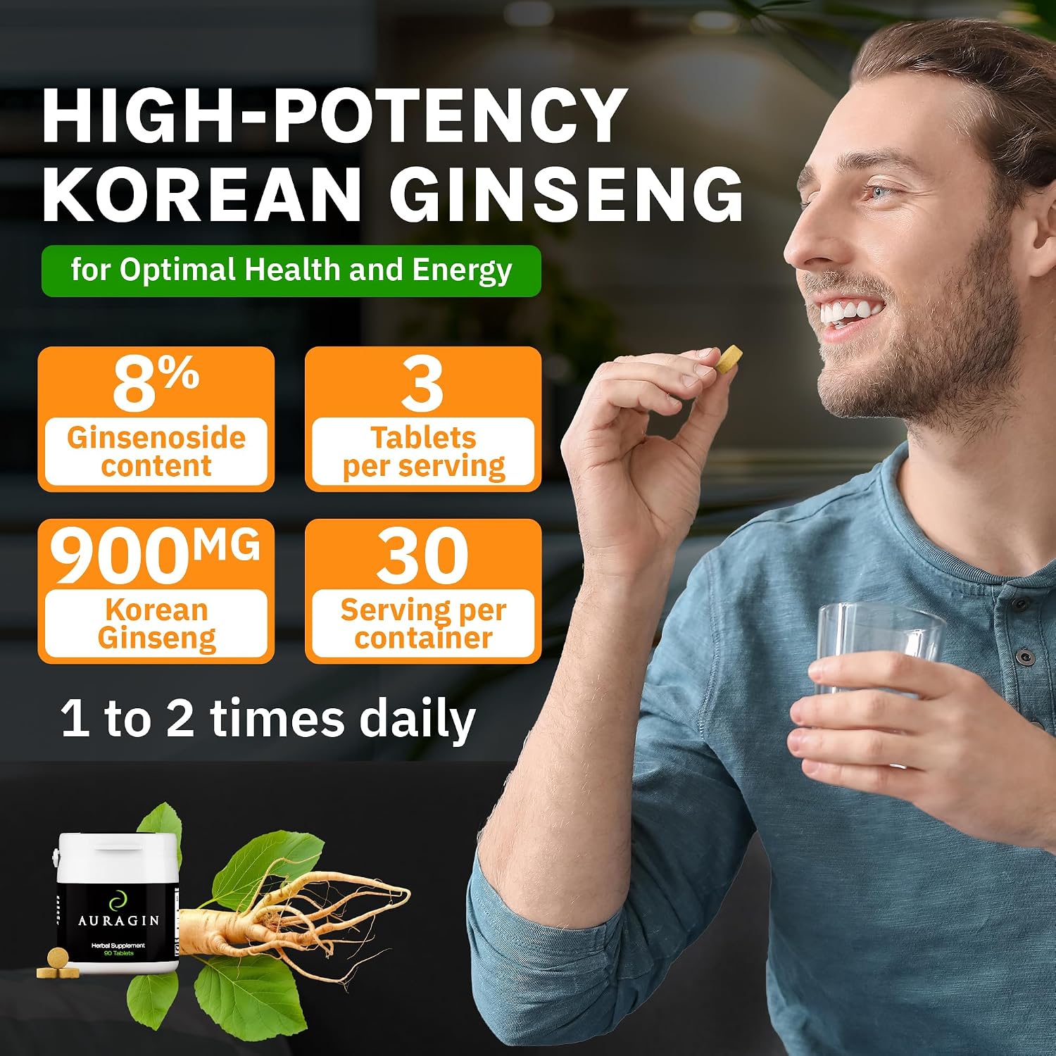 Auragin® Authentic Korean Red Ginseng – Made in Korea – 6 Year Roots – No Additives or Other Ingredients – 100% Red Panax Ginseng in Every