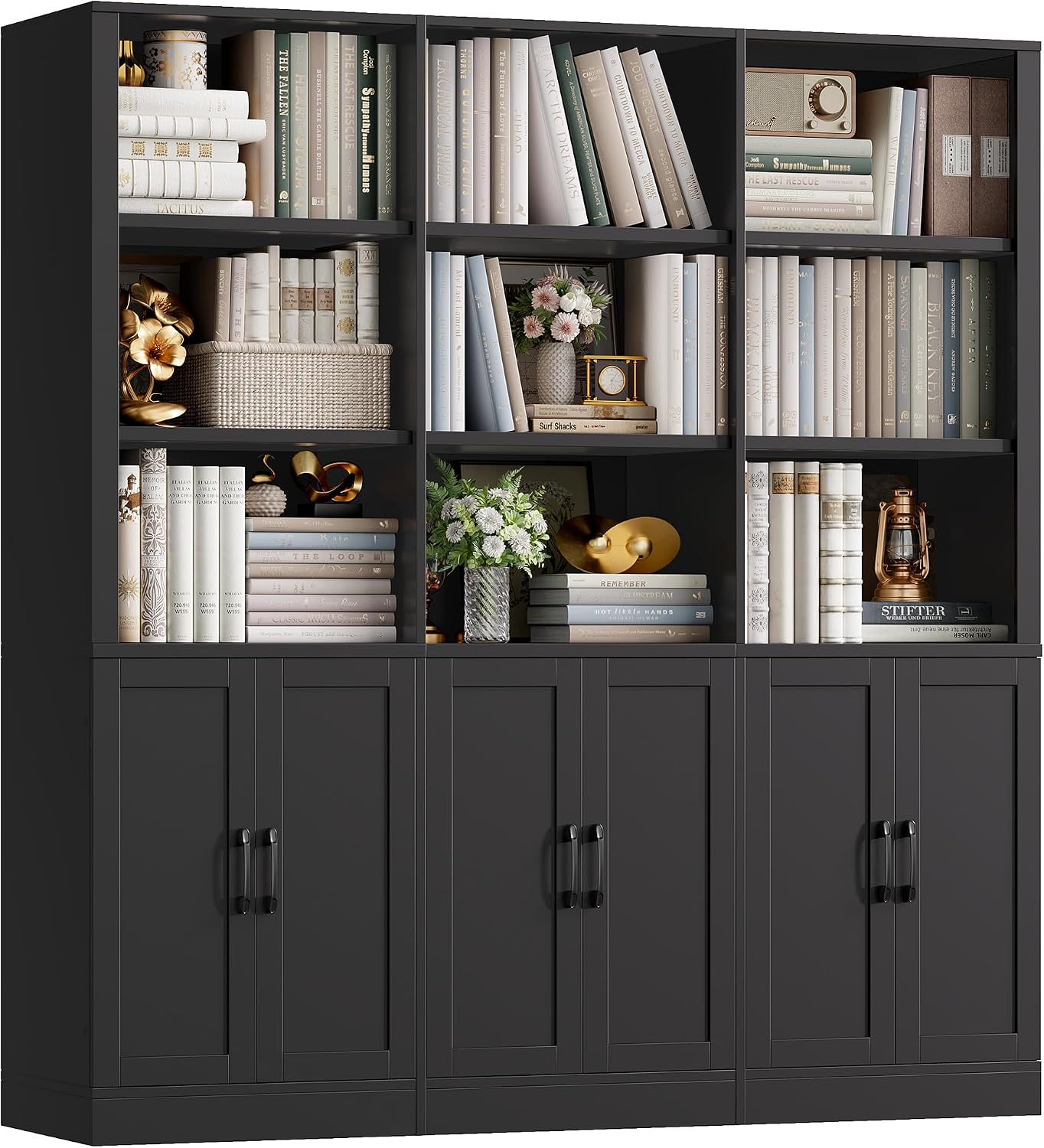 70” H x 63” W Triple Wide Bookshelf, Tall Bookcase with 6 Doors | 5 Tier Book Shelf with 15 Storage Shelves, Tall Book Case Large Bookshelves with Storage Cabinet for Home Office, White