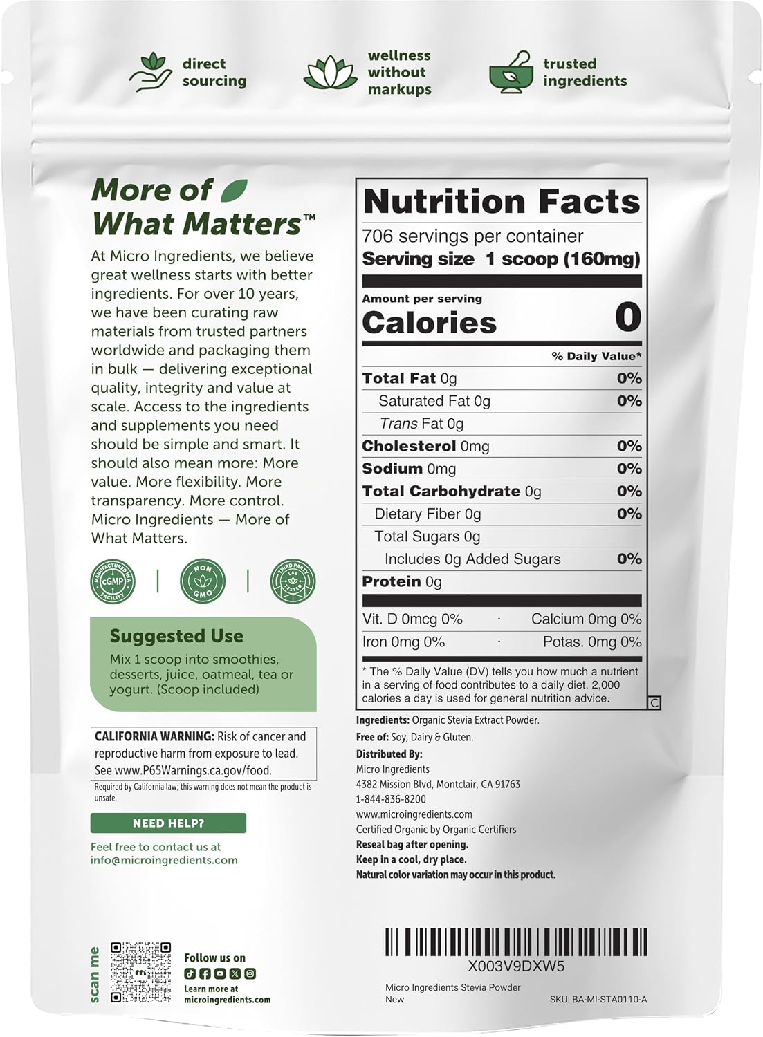 Micro Ingredients Pure Organic Stevia Powder, 8 Ounces, 1418 Serving, Highest Grade Green Leaf Extract Reb-A, Reduced Bitter Aftertaste, 0 Calorie, Natural Sweetener, Sugar Alternative, Keto Friendly