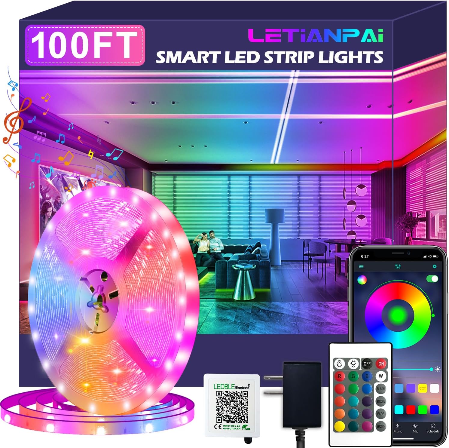 100ft Led Strip Lights, Long Smart Led Light Strips Music Sync 5050 RGB Color Changing Rope Lights