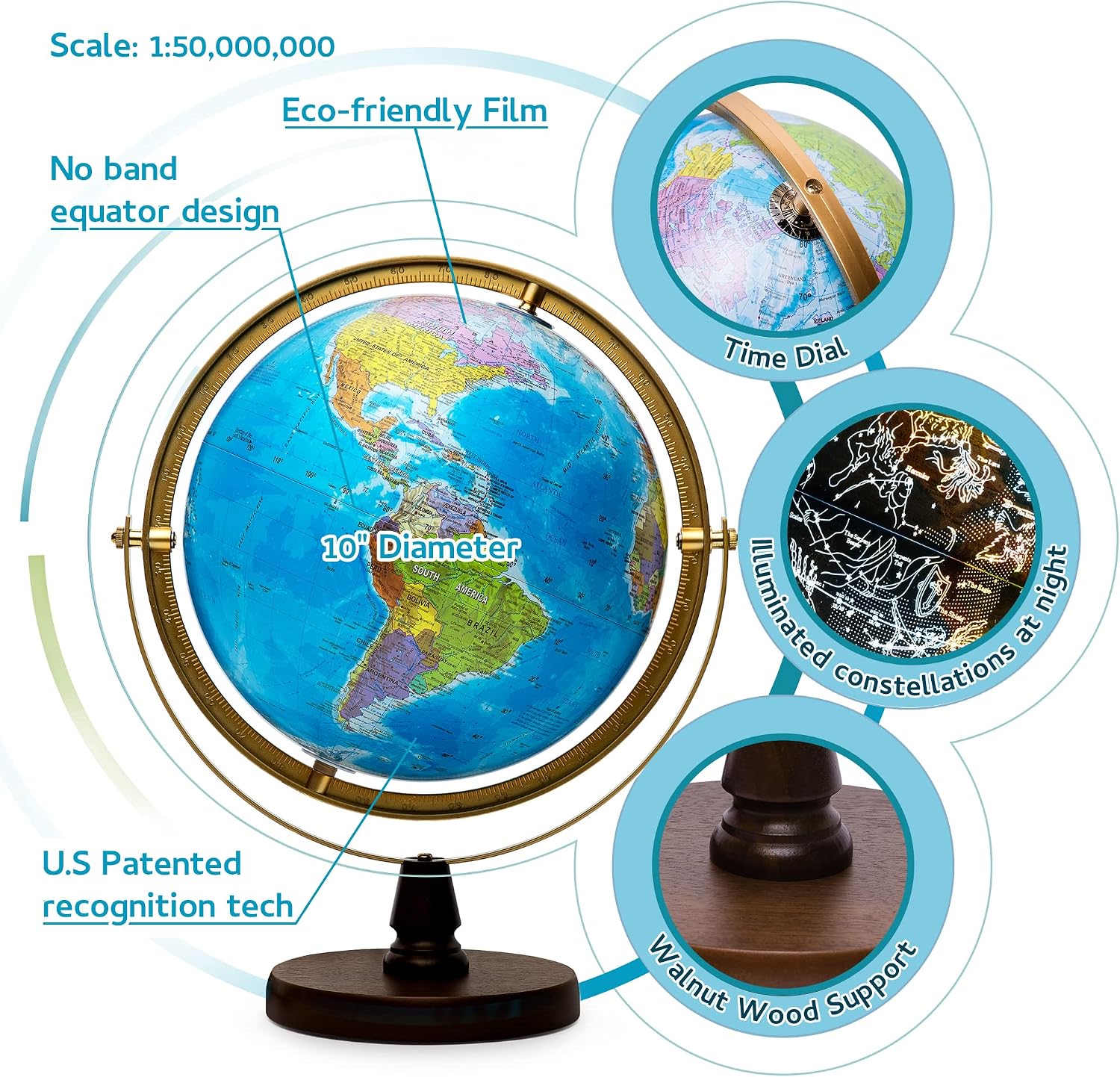with Interactive APP & LED Illuminated Constellations at Night, US-Patented STEM education 10" World Globe with Detailed map