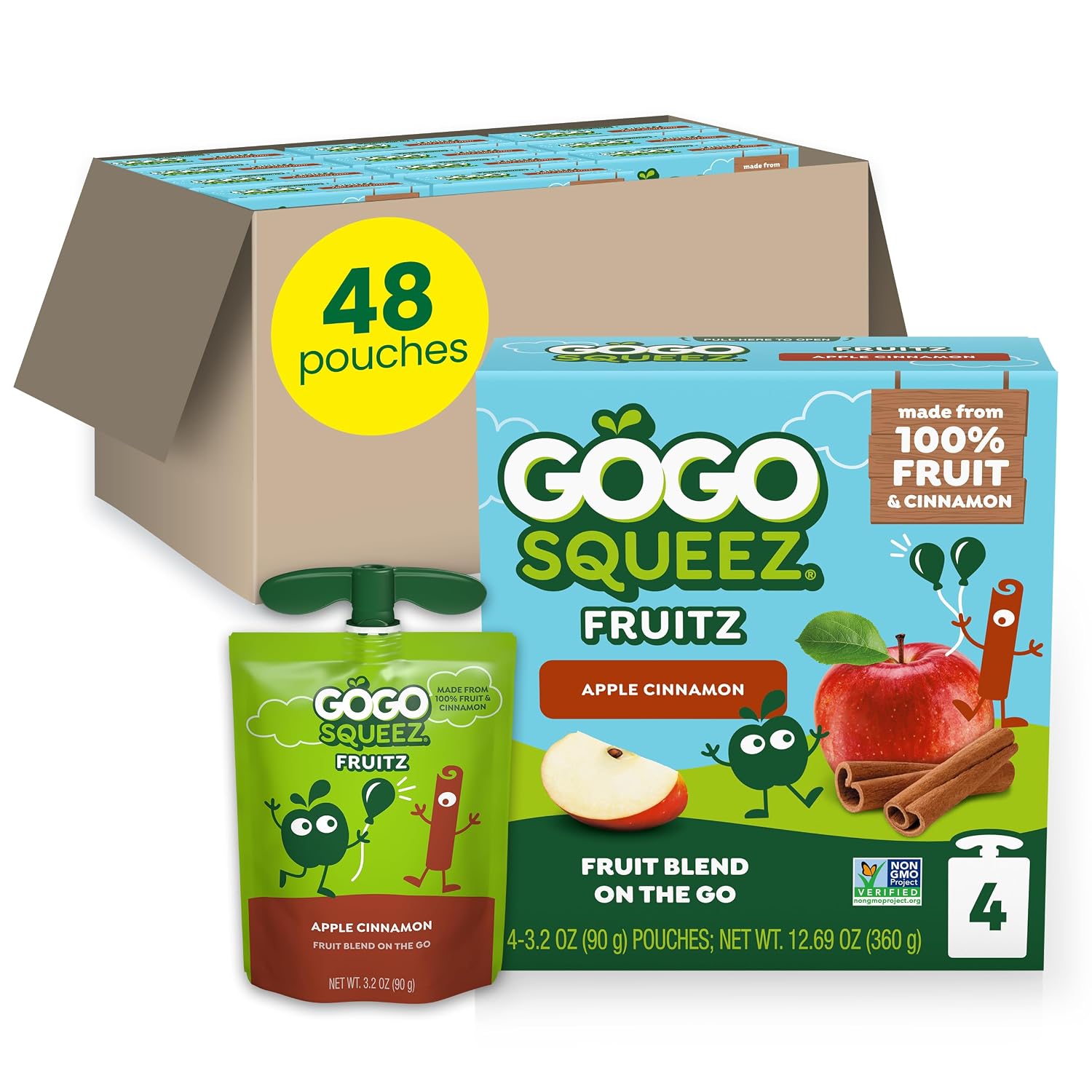 GoGo squeeZ No Sugar Added Applesauce, Apple Apple, 3.2 oz, 48 Count | Kids on the go fruit snack made with applesauce & fruit puree; 3.2 oz pouches, gluten and nut free, recloseable cap, BPA-free