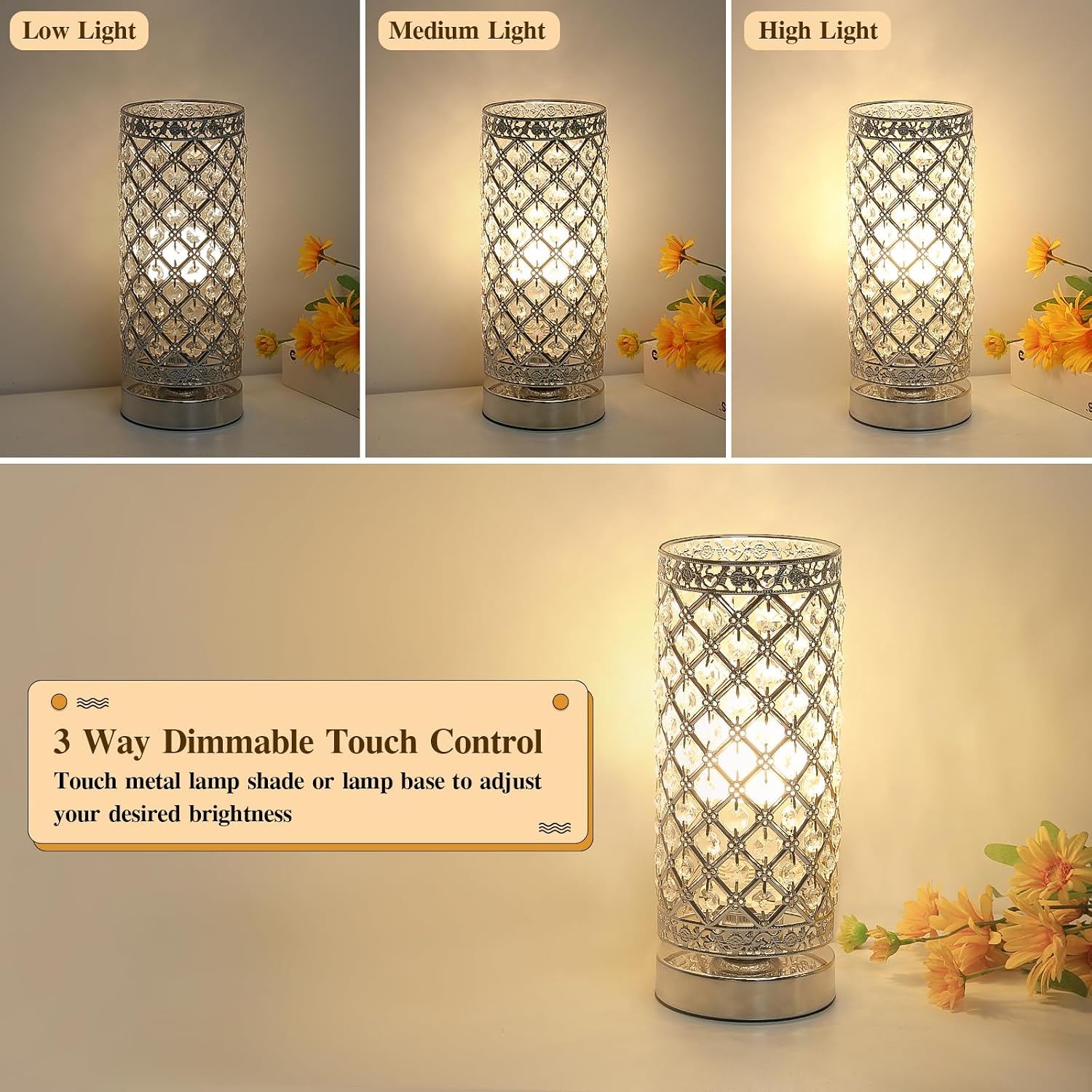 Crystal Table Lamp, 3 Way Touch Control Dimmable Bedside Nightstand Lamp | Silver Crystal Desk Lamp
