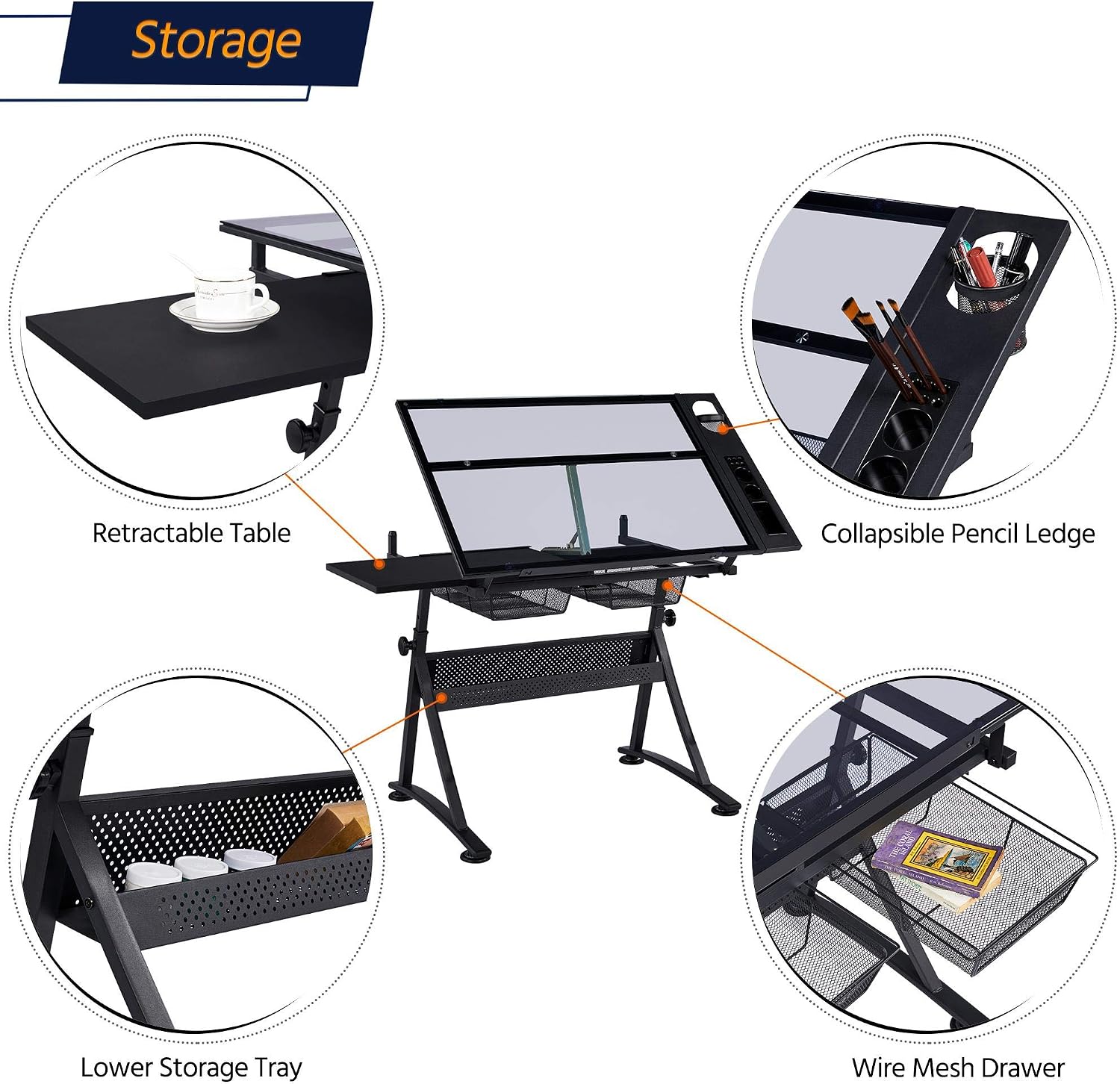 Yaheetech Adjustable Drafting Table & Stool, Tilting Glass Art Desk