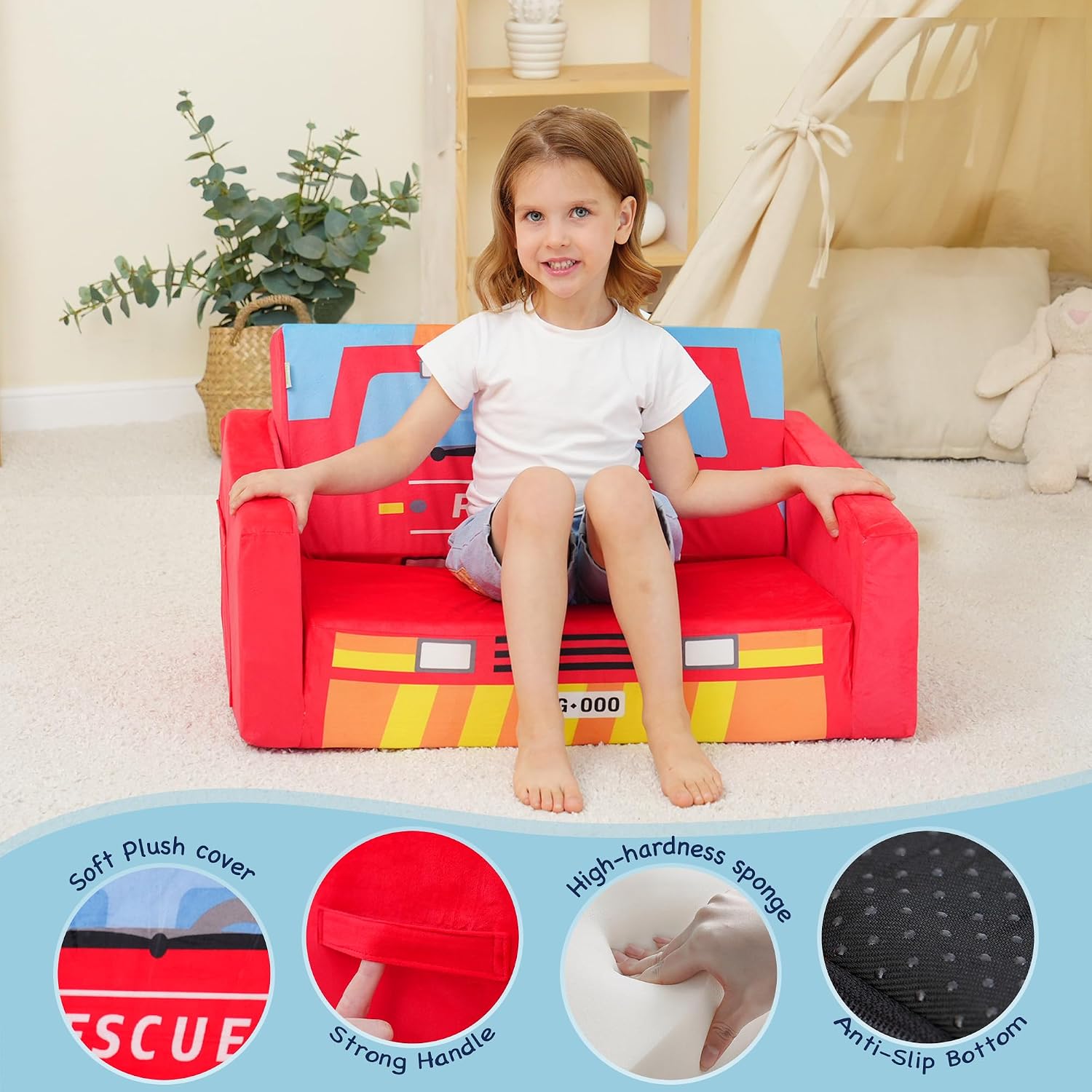 MallBest Kids Sofas Children's Sofa Bed Baby's Upholstered Couch Sleepover Chair Flipout Open Recliner(Red/Fire Truck)
