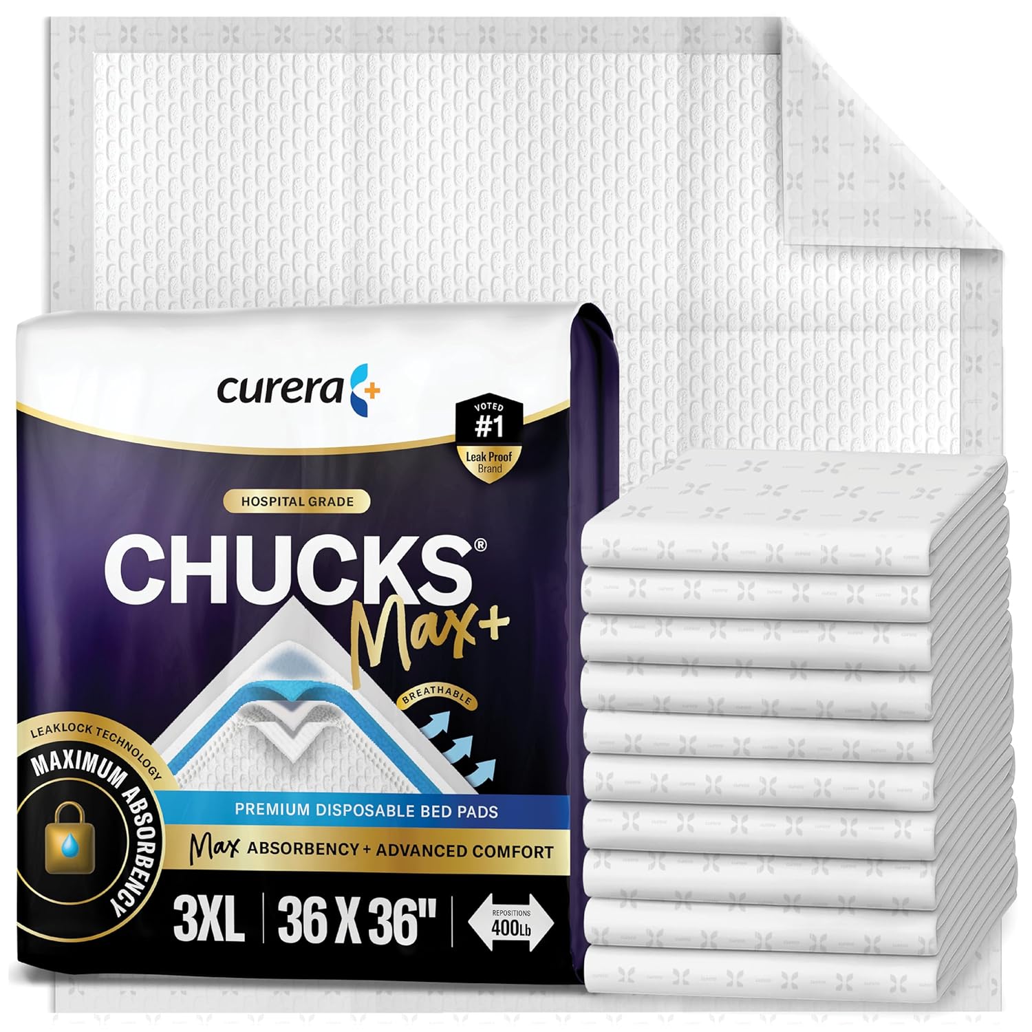Chucks® MAX+ Hospital Bed Pads Disposable Adult 36 x 36 Incontinence Pads - XXX-Large Pee Pads for Elderly Adults. Extra Heavy Duty Absorbency